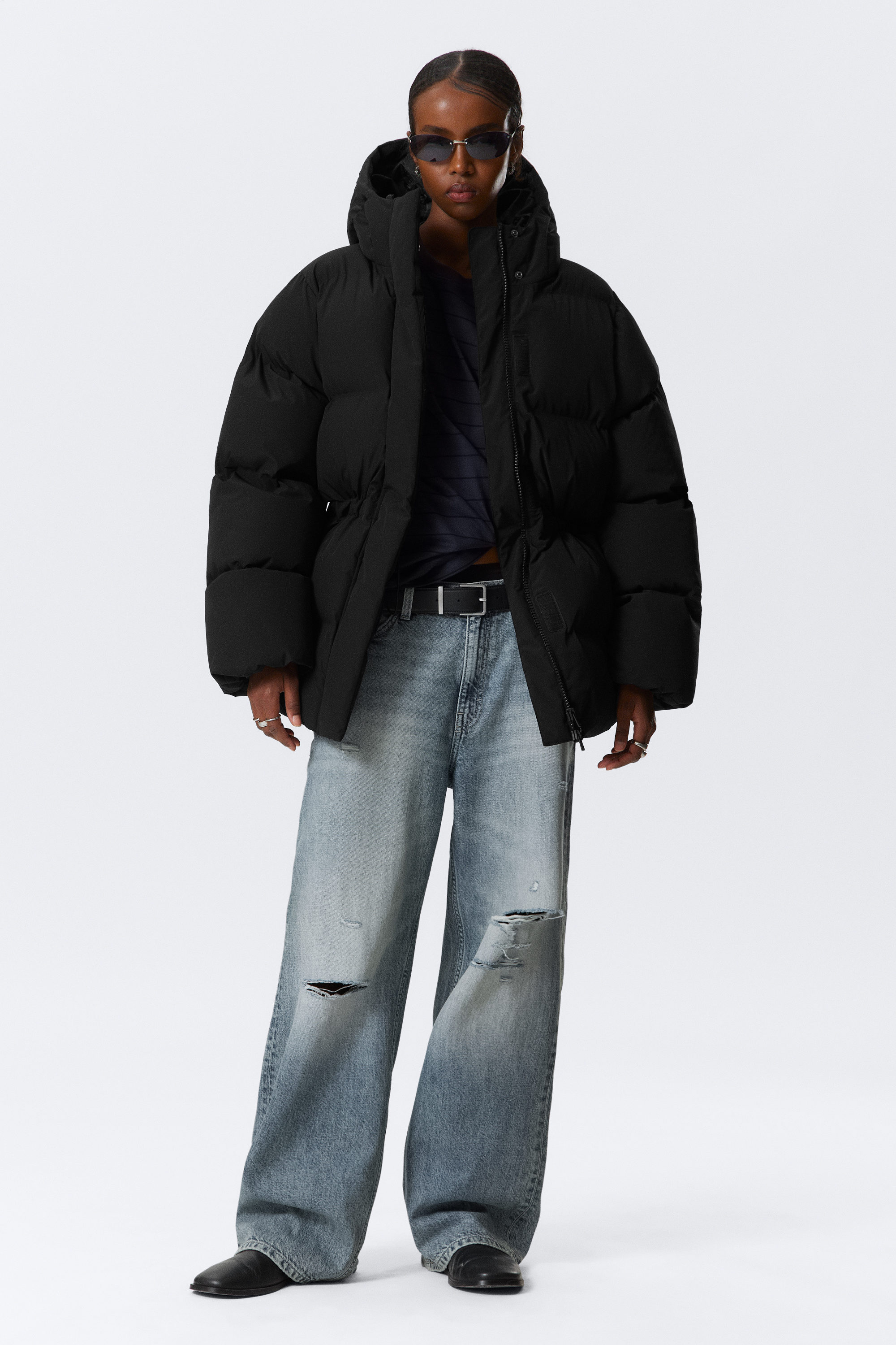 Black - Waisted Puffer Jacket - 1