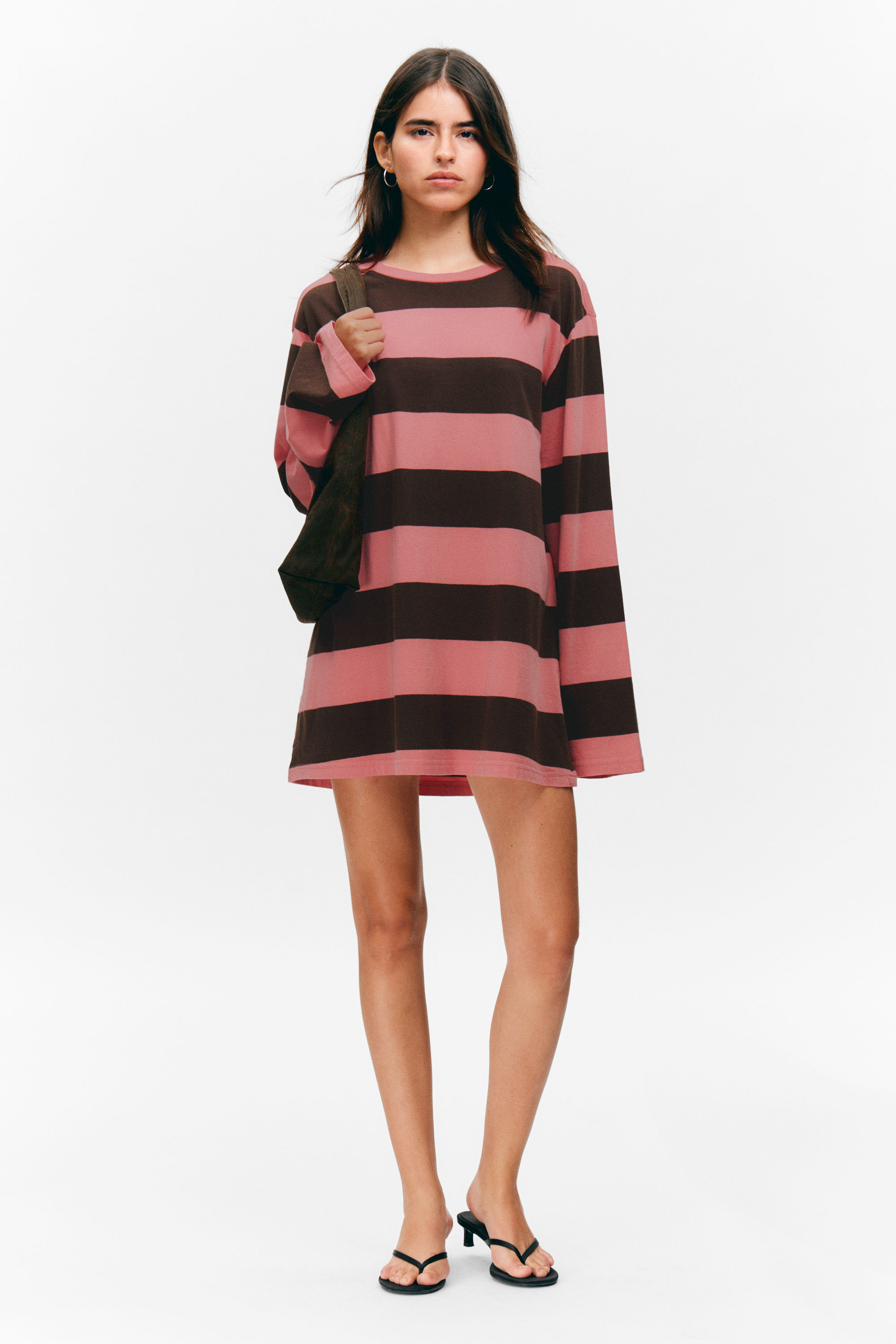 Pink & Brown Stripes - Striped Long-Sleeved Mini Dress - 1
