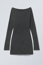 Washed Black - Long-Sleeved Off-Shoulder Mini Dress - 0