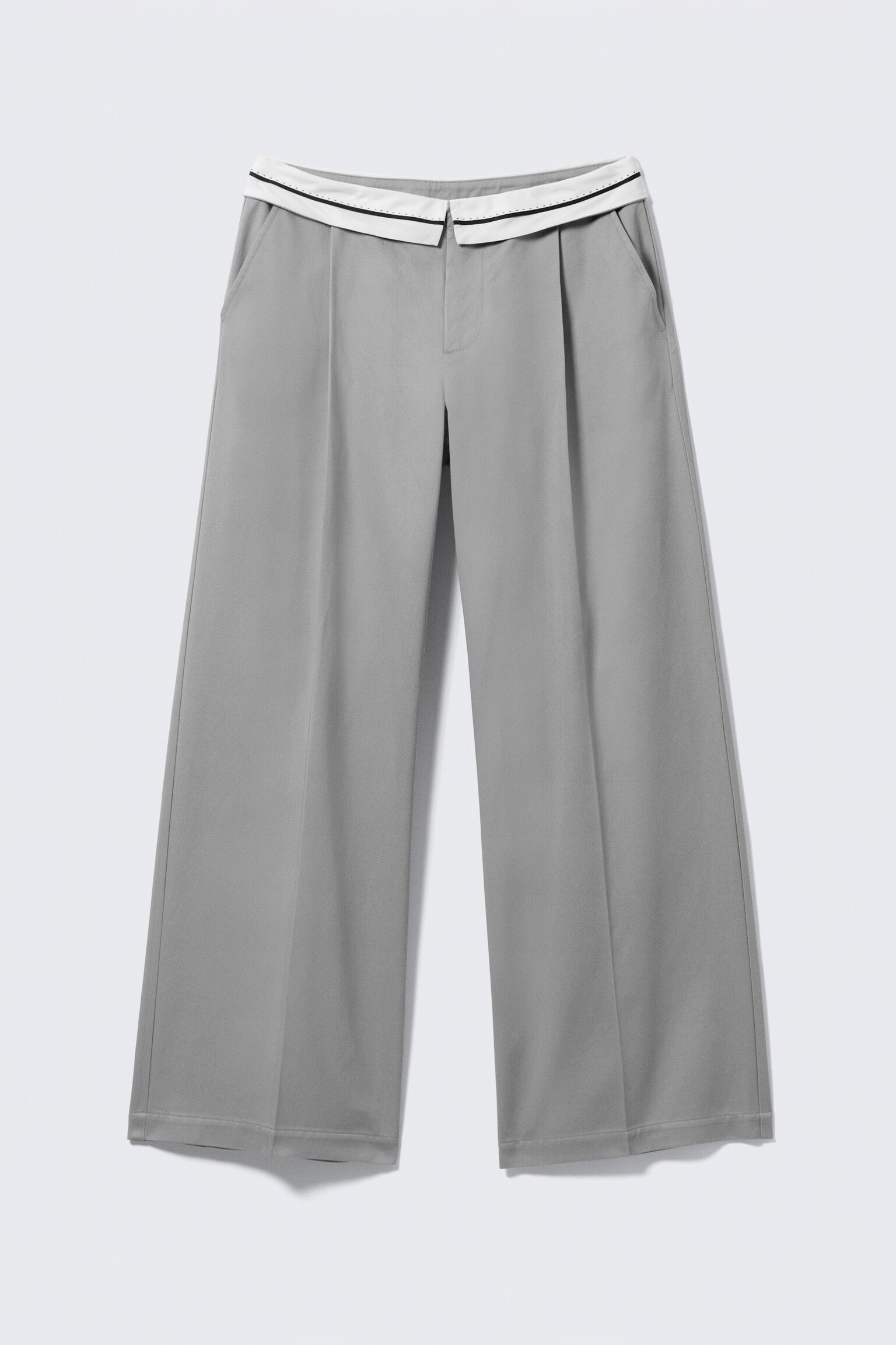 Low Rise Folded Waist Twill Trousers - Grey/Beige - 2