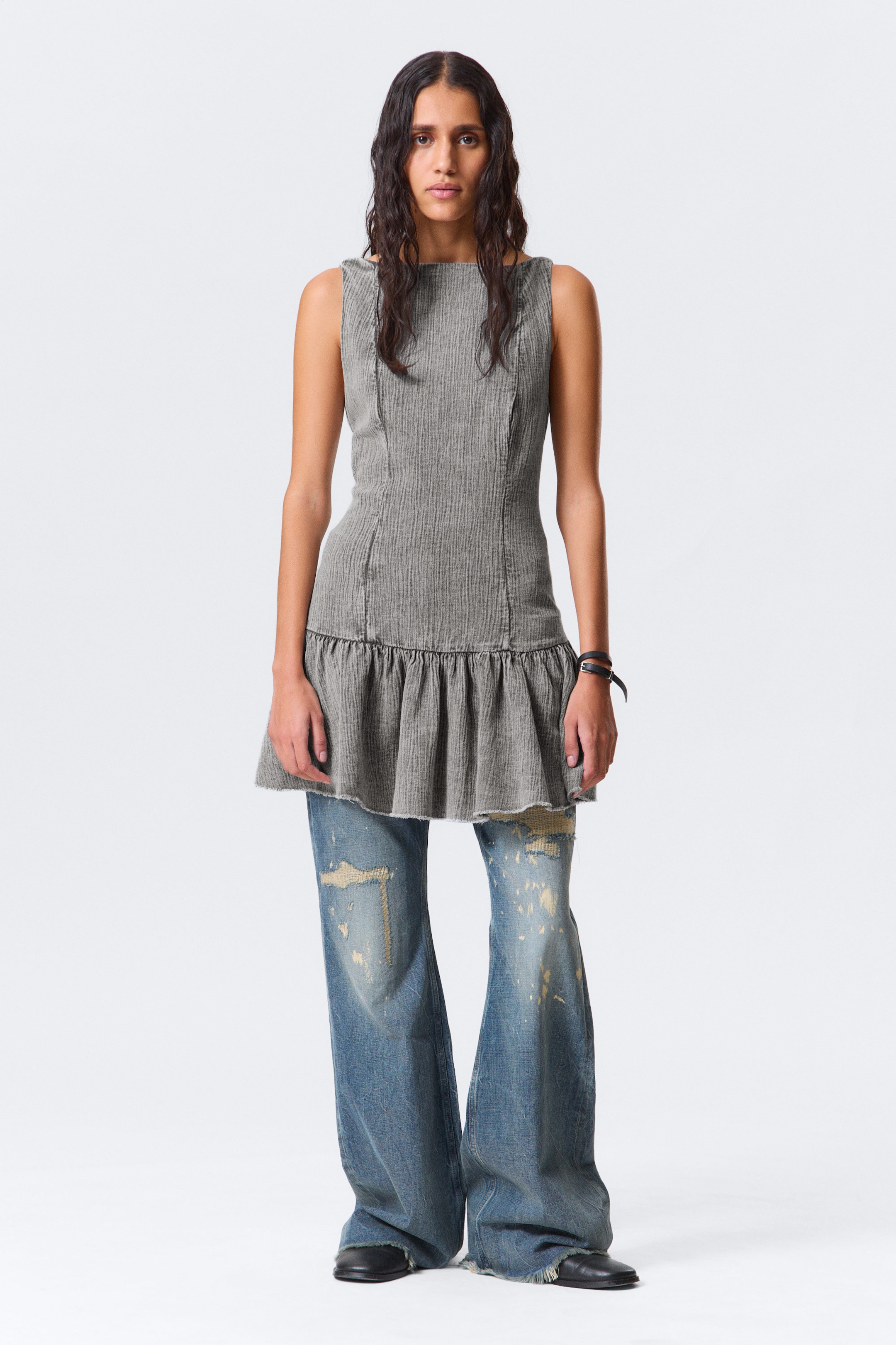 Washed Grey - Flared Boat-neck Mini Twill Dress - 1