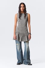 Washed Grey - Flared Boat-neck Mini Twill Dress - 0