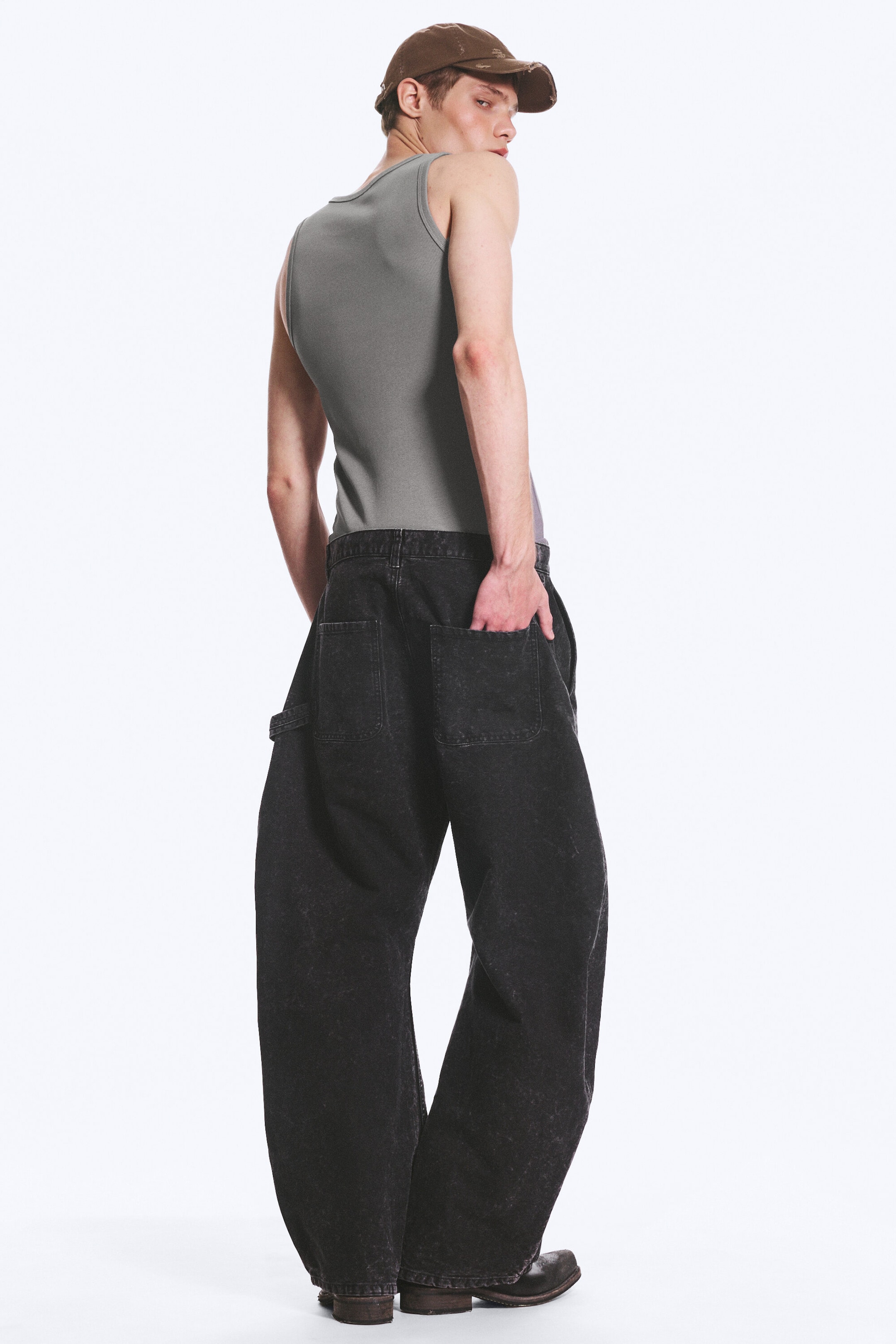 Washed Black - Loose Barrel Leg Workwear Trousers - 2