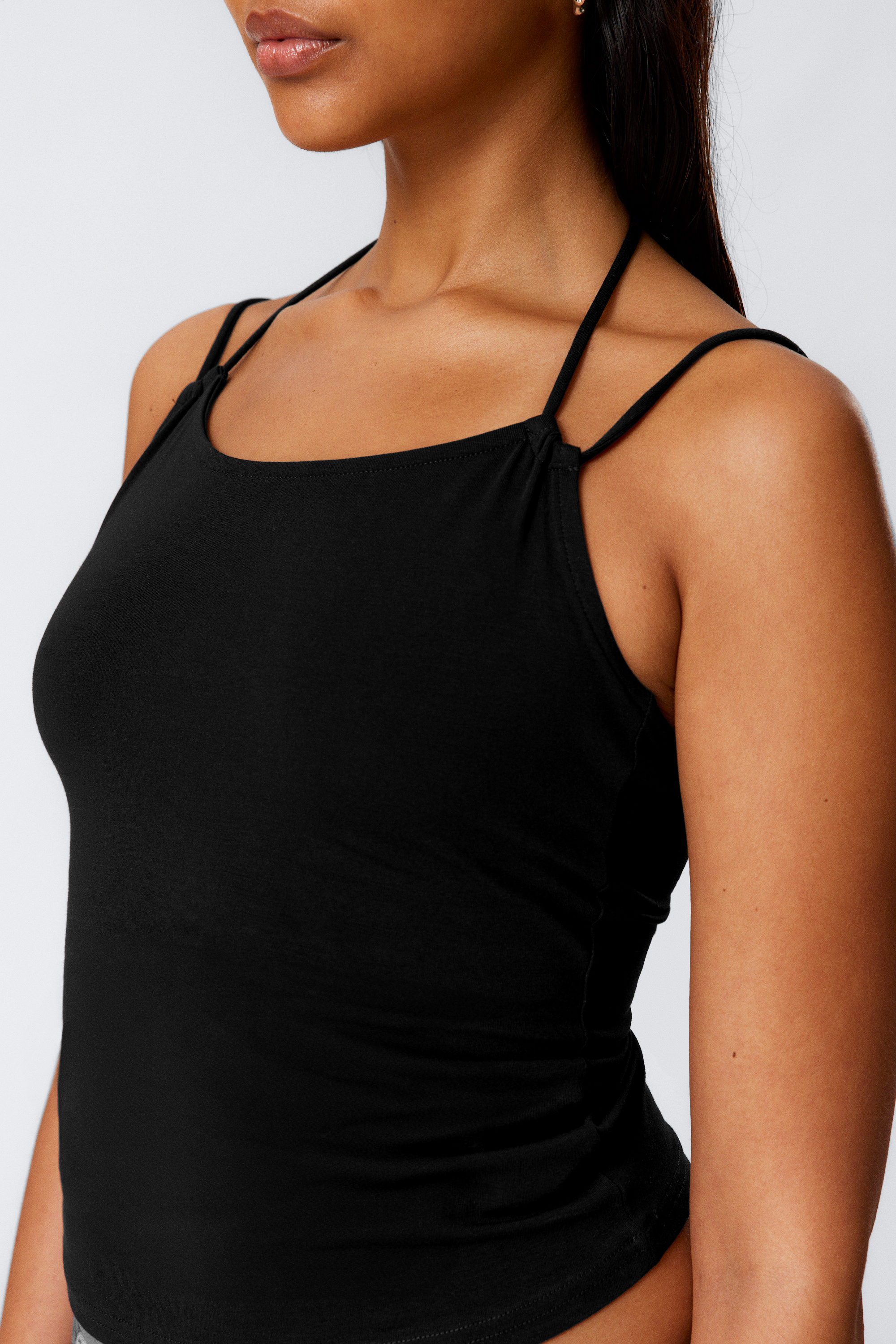 Black - Slim Fit Halterneck Strap Top - 2