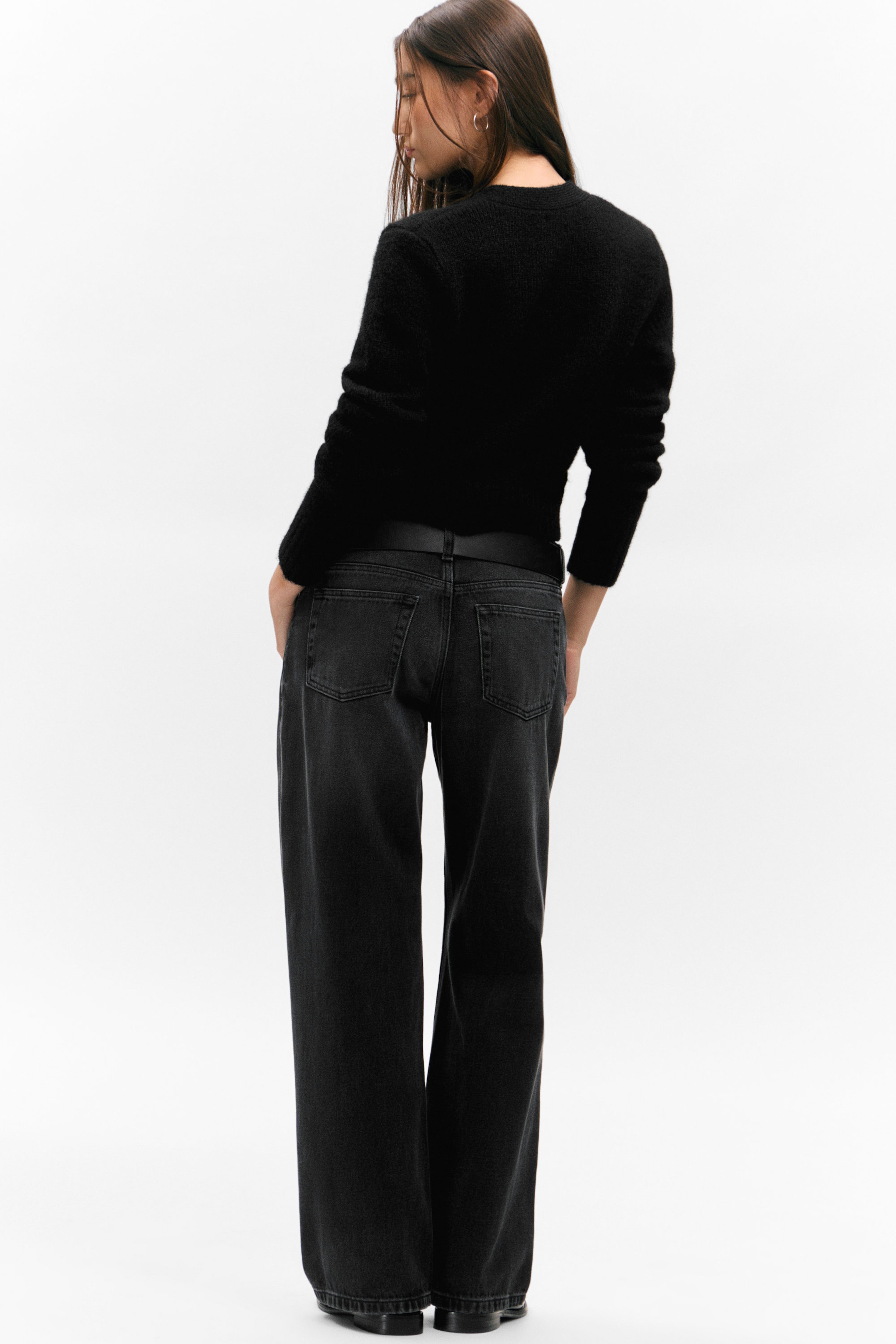 Black - Ribbed V-Neck Cardigan - 3