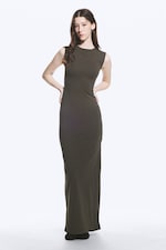 Dark Grey - Sleeveless Cotton Jersey Maxi Dress - 0