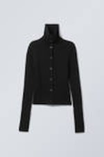 Schwarz - Schmaler Strick-Cardigan mit Rollkragen - 0