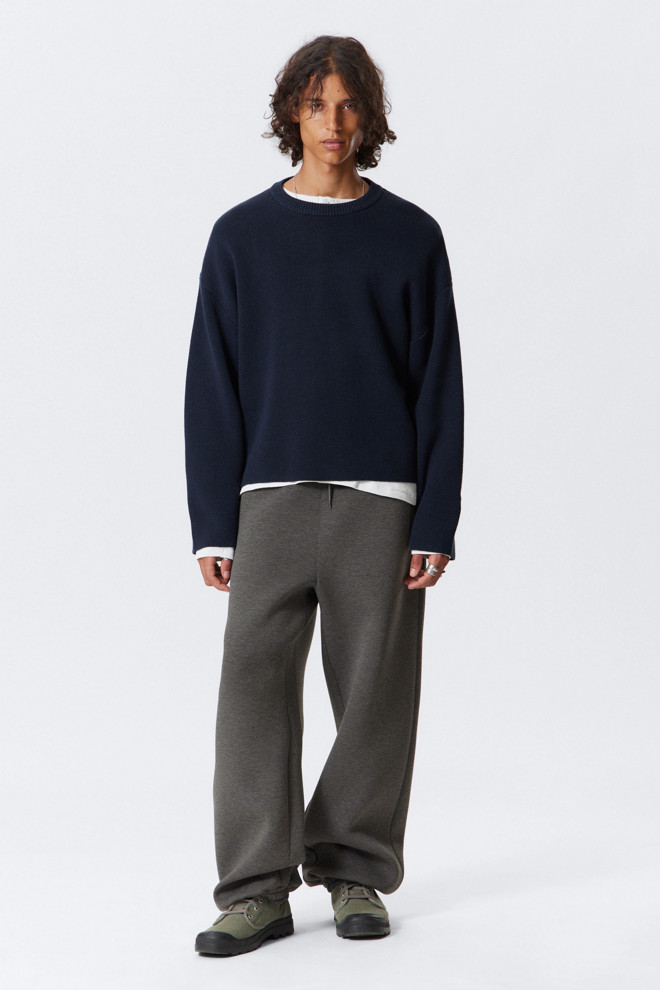 Dark Navy Blue - Boxy Knitted Cotton Sweater - 2