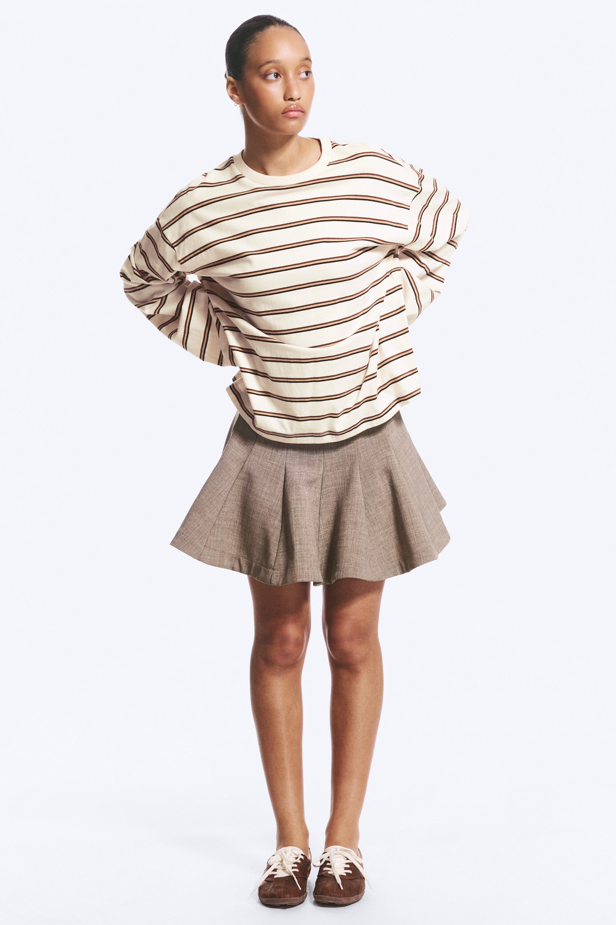 Dusty White - Brown Stripes - Long-Sleeved Cotton T-shirt - 2