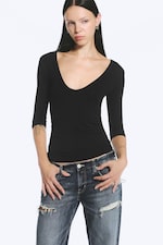 Black - Deep V-neck three-quarter sleeve top - 0