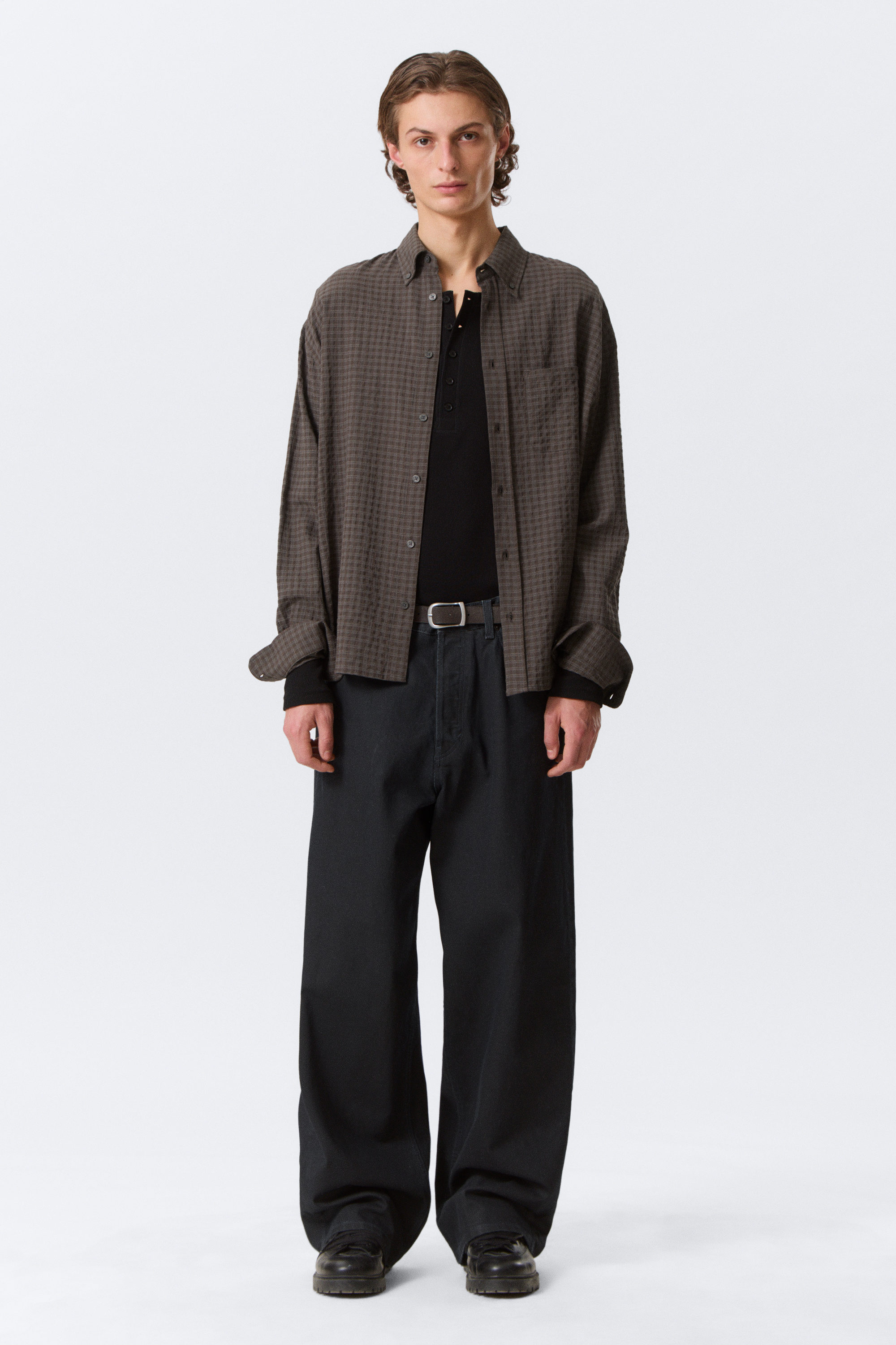 Checked Dark Brown - Loose Structured Button-Down Shirt - 2