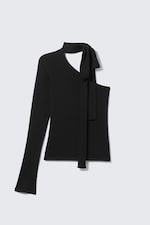 Black - One-Shoulder Long-Sleeved Tie Top - 3