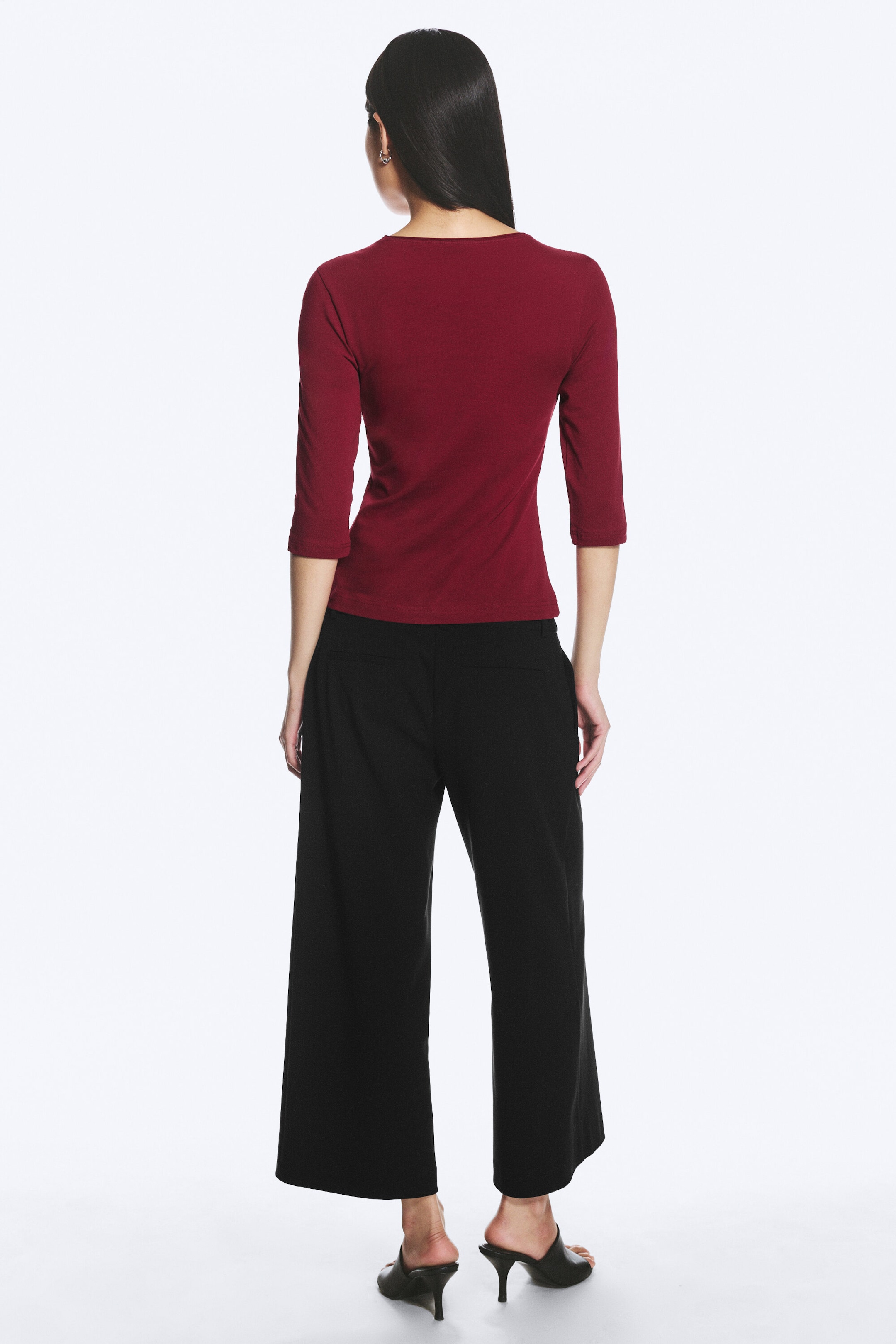 Dark Red - Fitted Three-Quarter Sleeve Top - 2