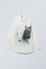 White & Black Horses - Oversized Printed Poplin Shirt - 0