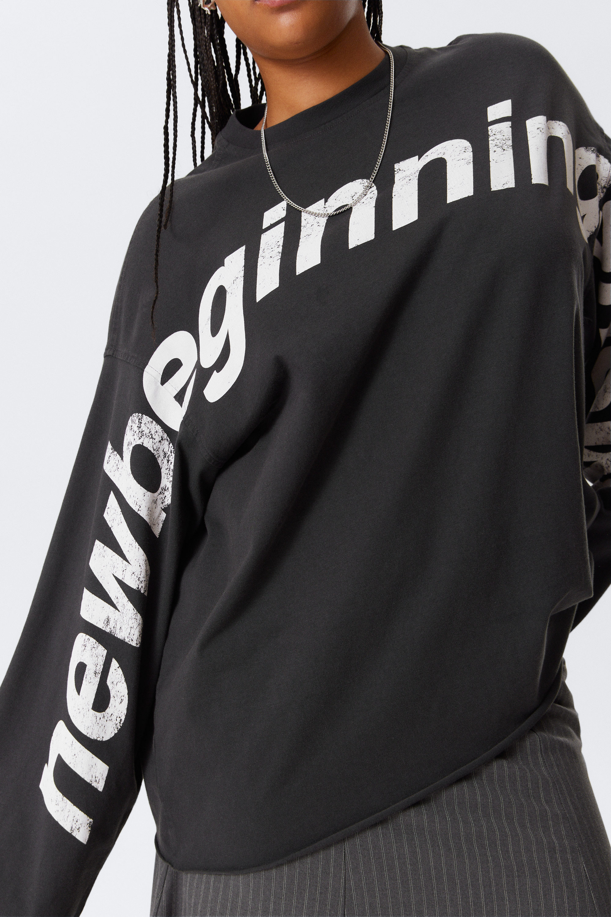 Dark Grey - New Beginnings - Long-Sleeved Printed Oversized Cotton Top - 2