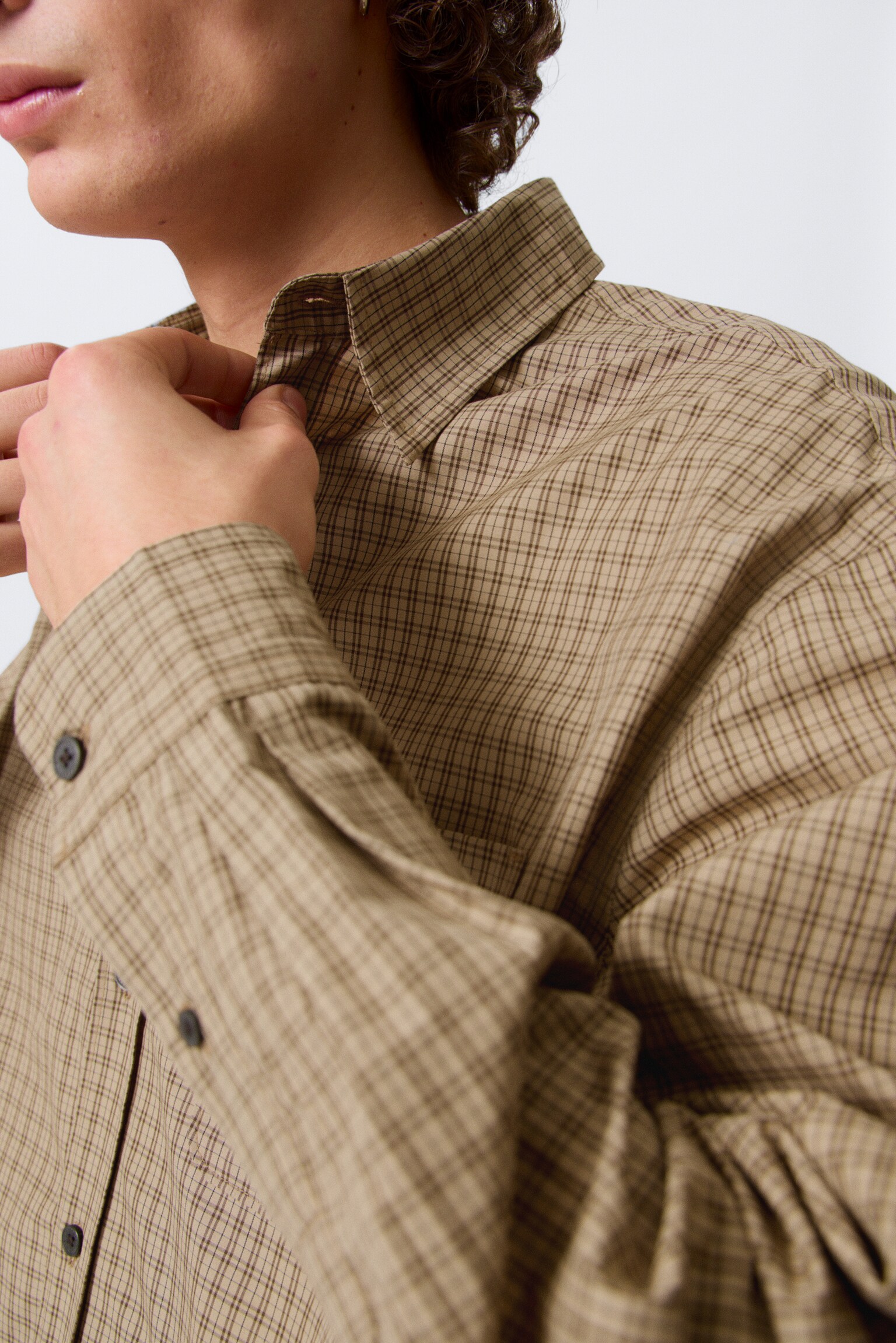 Chemise carrée décontractée en popeline - Carreaux beiges - 4