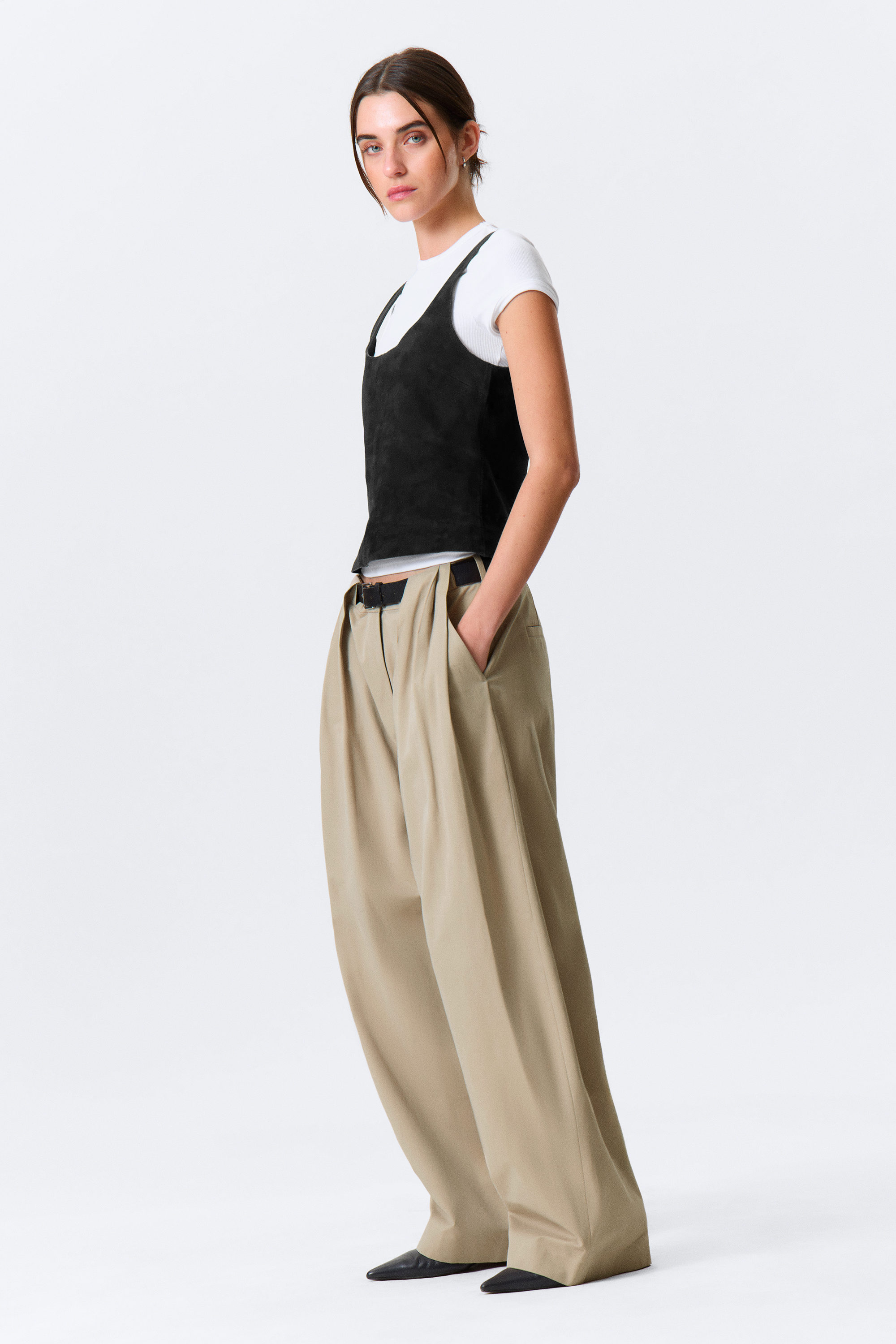 Black - Scooped Leather Tank Top - 2