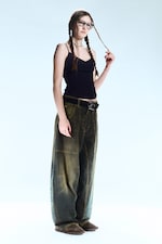 Washed Sulfur - Dark Khaki - Dunno Unisex Low Rise Loose Barrel Leg Jeans - 1