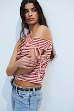 Rayures rouge/blanc - Haut asymétrique froncé - 0