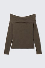 Dunkelbraun - Schulterfreier Strickpullover - 4