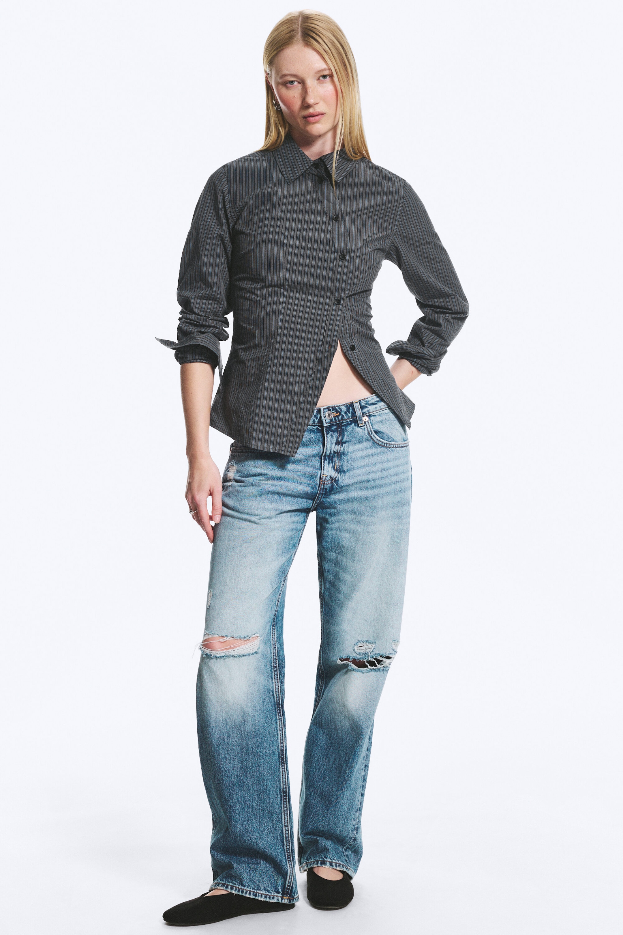 Dark Grey - Blue Stripe - Asymmetric Fitted Poplin Shirt - 1
