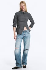 Dark Grey - Blue Stripe - Asymmetric Fitted Poplin Shirt - 1