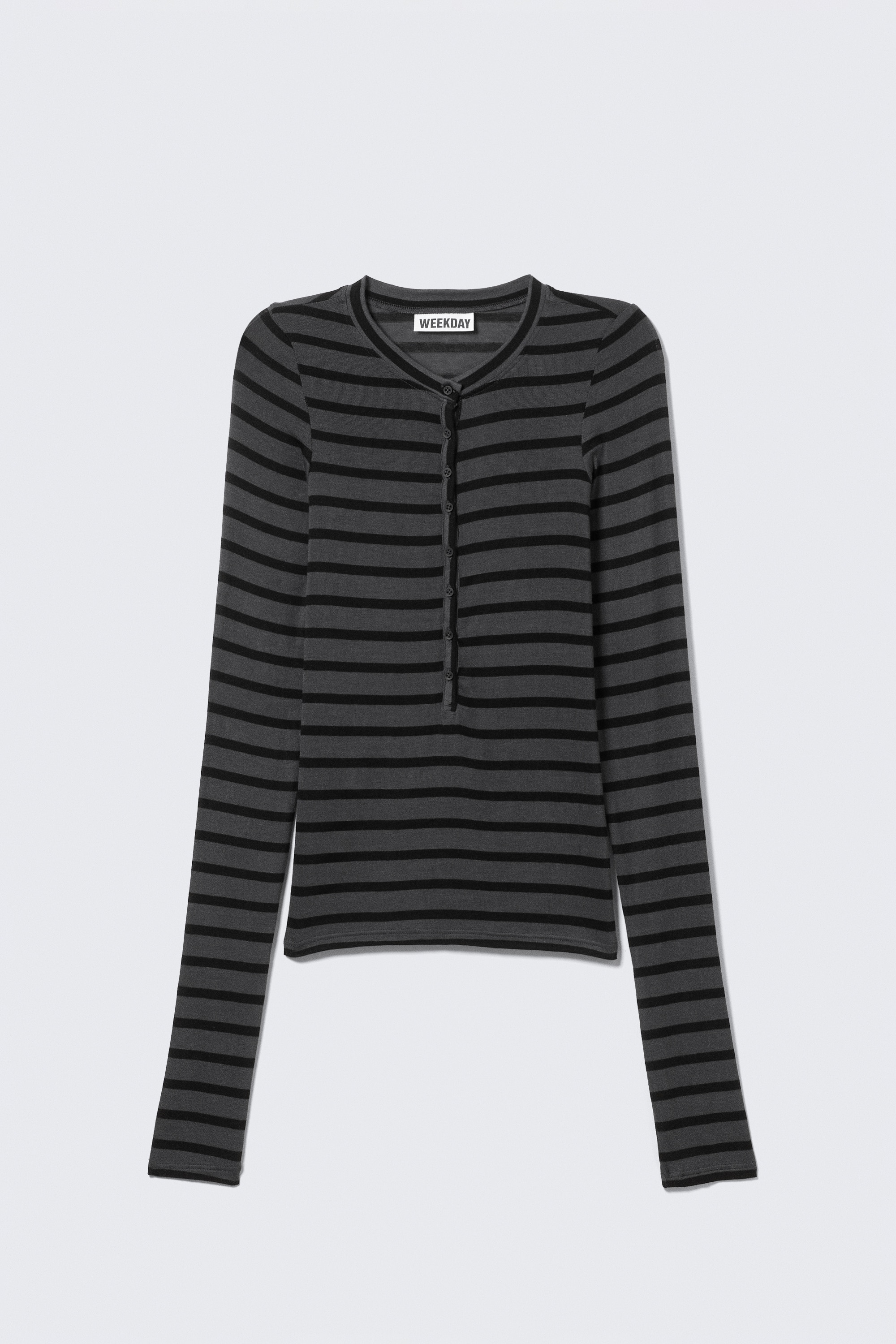 Slim henley tričko s dlouhým rukávem - Černé a šedé pruhy/Tmavě modrá