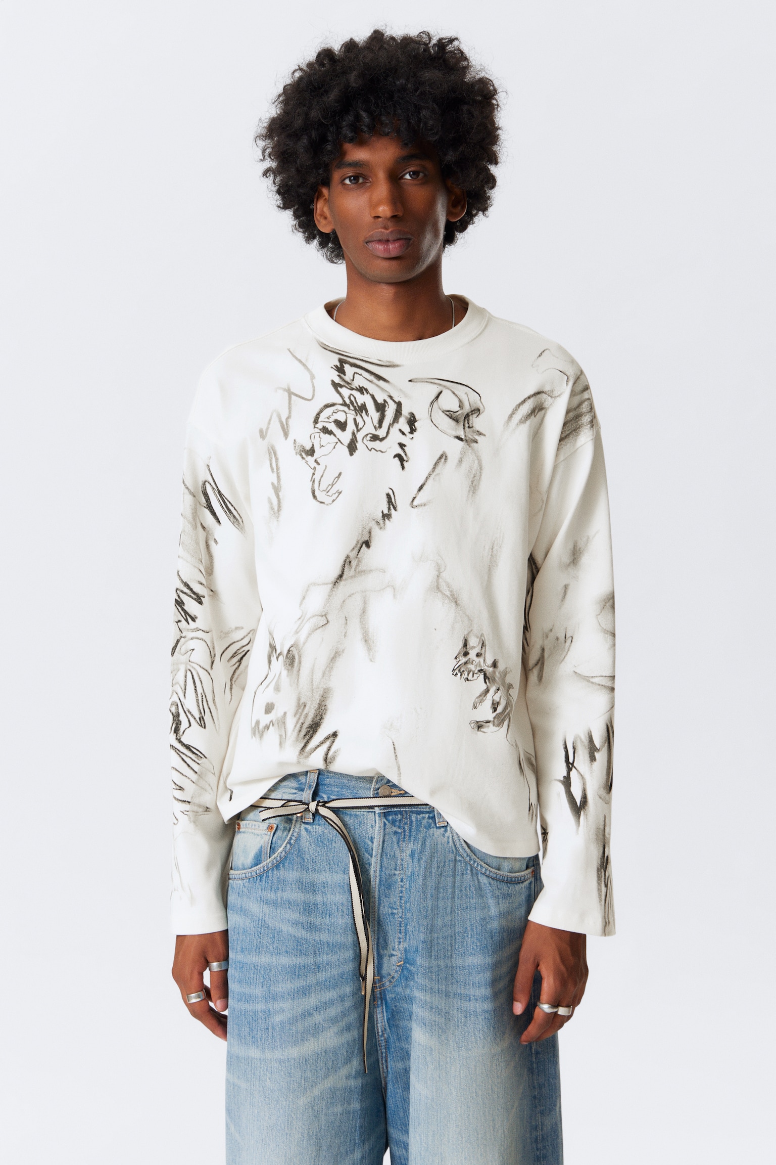 Great Boxy Graphic Long Sleeve T-shirt - White - Sketch Book/Dark Grey - Big Mess