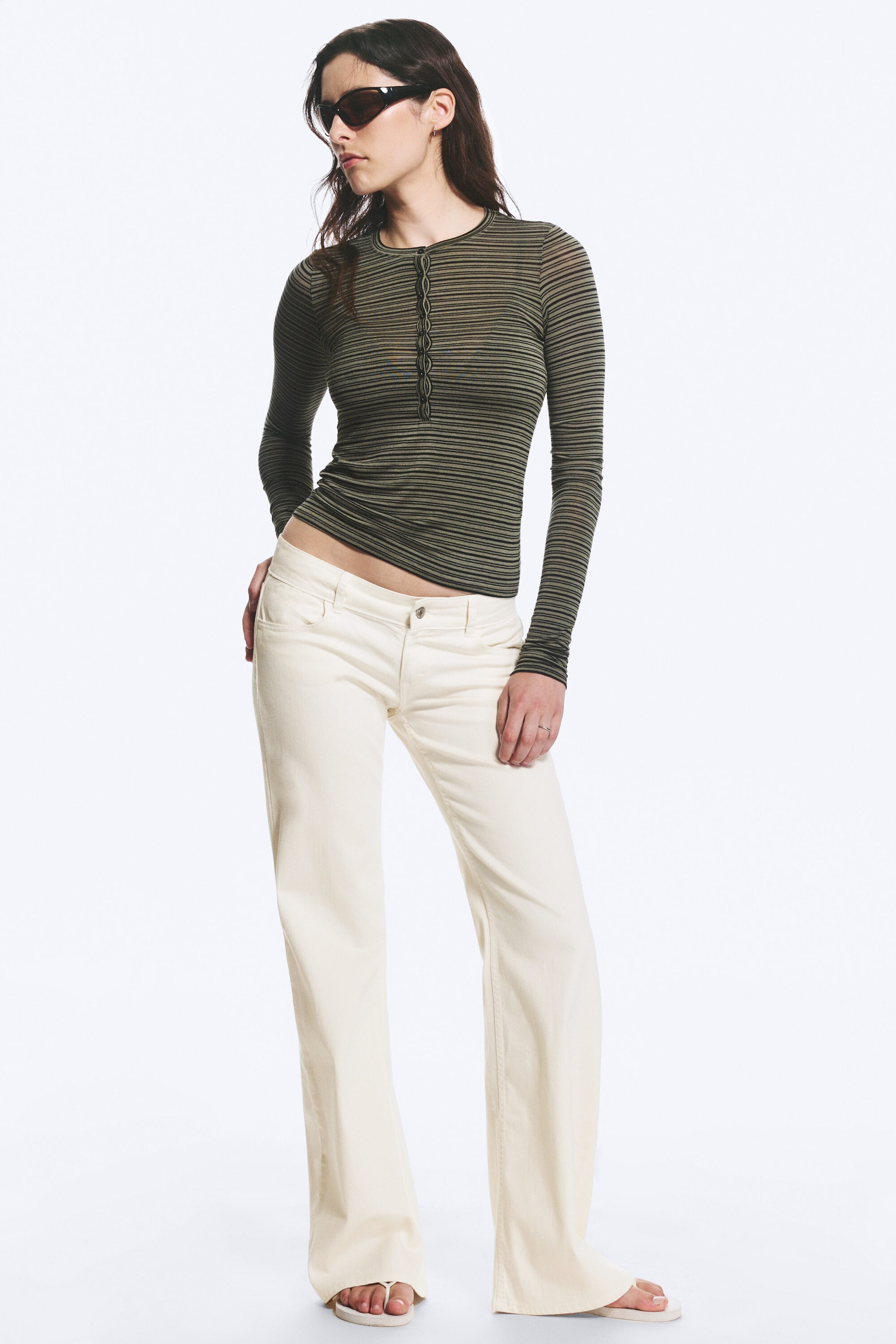 Striped Khaki Green - Slim Long-Sleeved Henley Top - 2