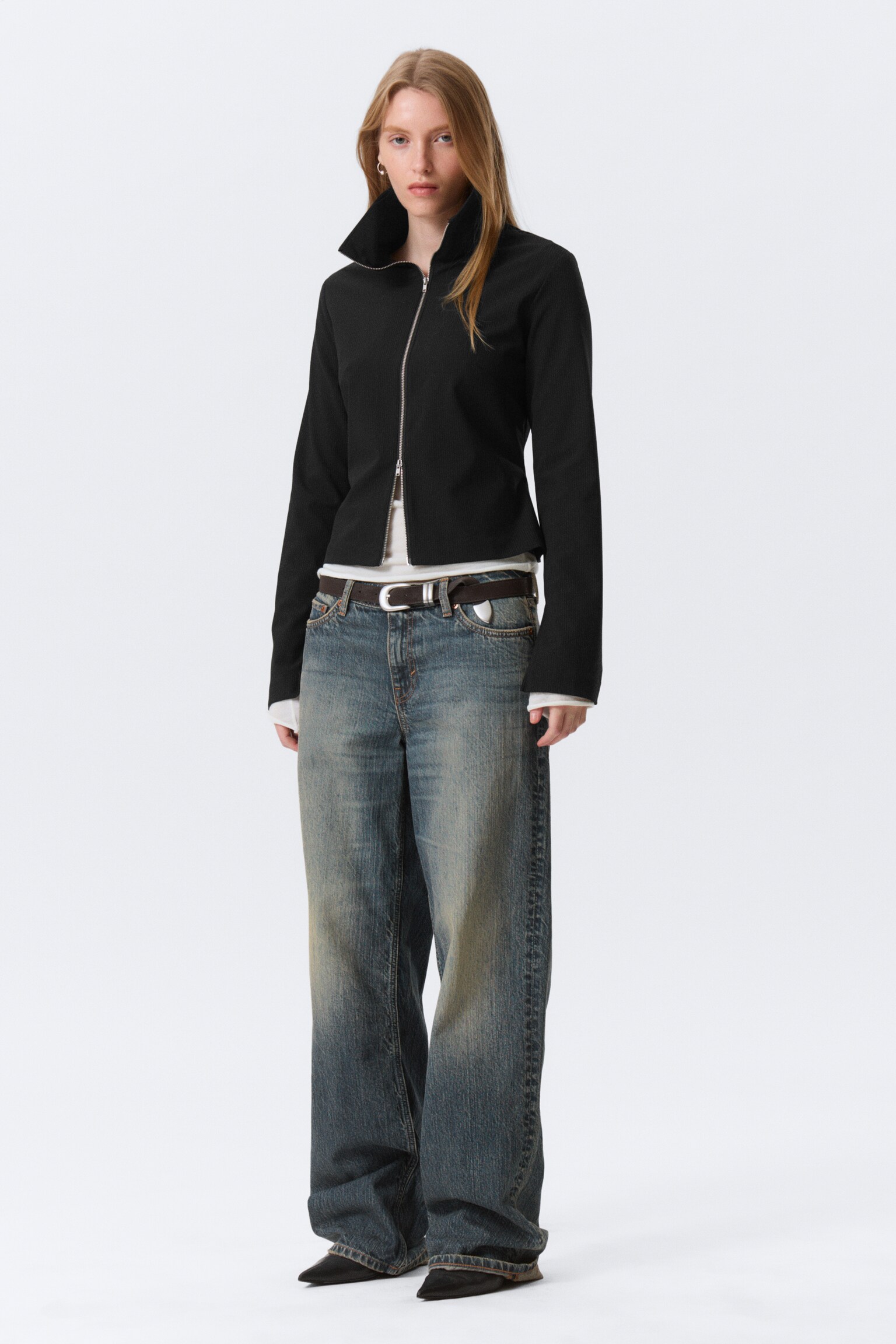 Slim Long-Sleeved Zip Shirt - Randig svart - 1