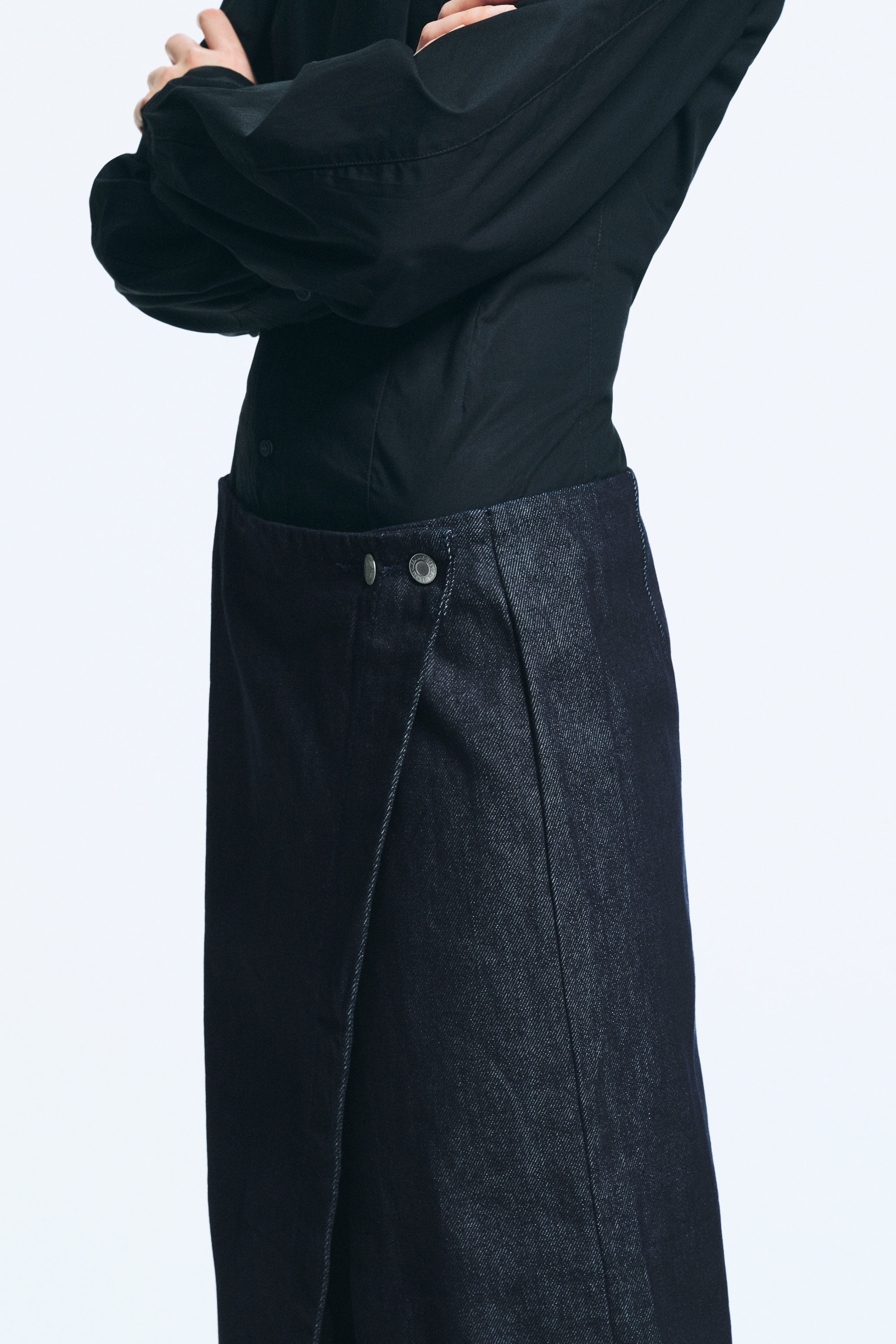 Raw Indigo - Dark Blue - Low Rise Denim Midi Skirt - 3