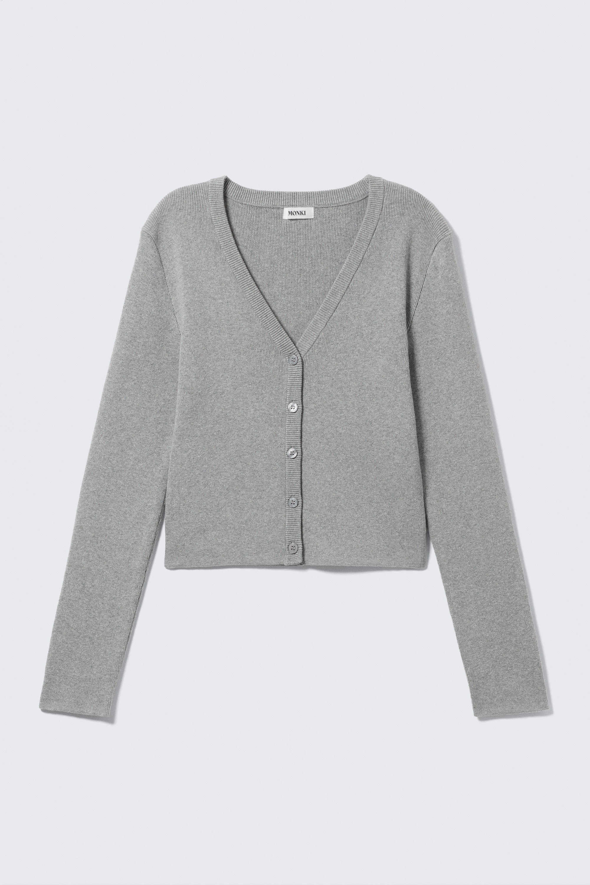 Grey Melange - Cropped Knitted V-neck Cardigan - 3