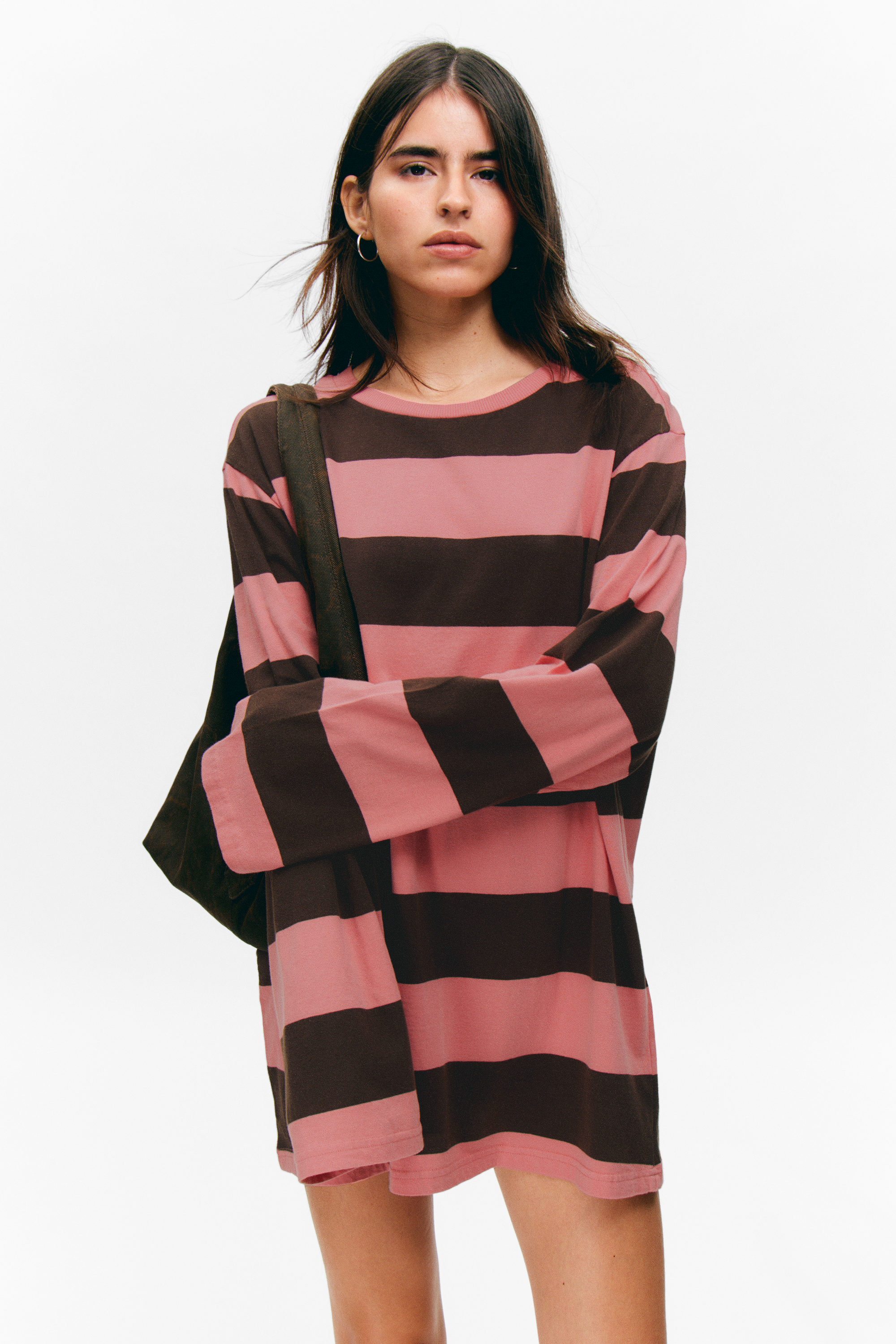 Pink & Brown Stripes - Striped Long-Sleeved Mini Dress - 2