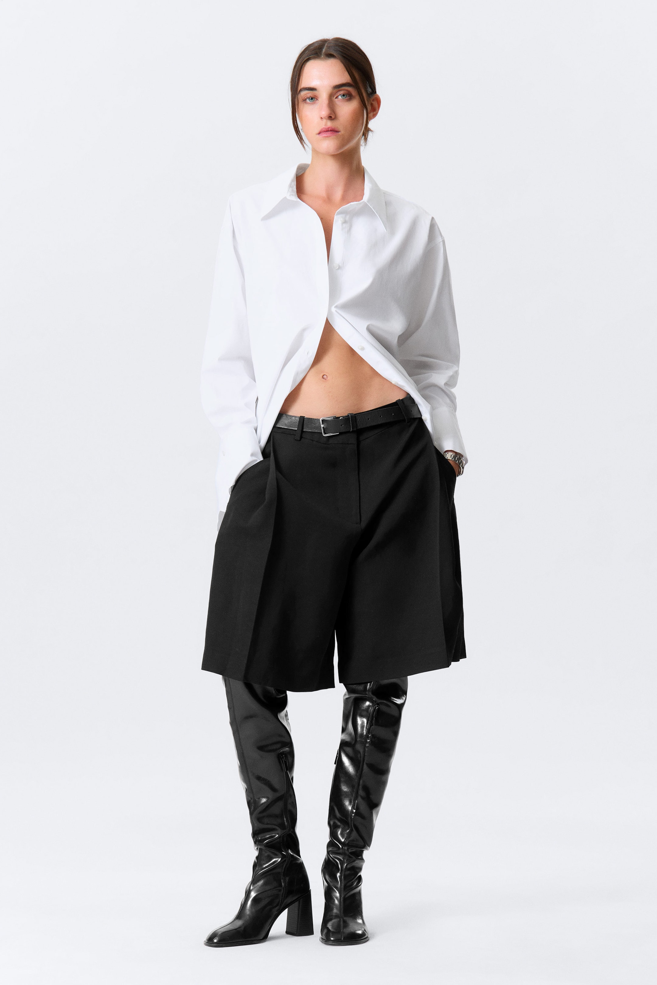 White - Cross-Buttoned Long-Sleeved Cotton Shirt - 2