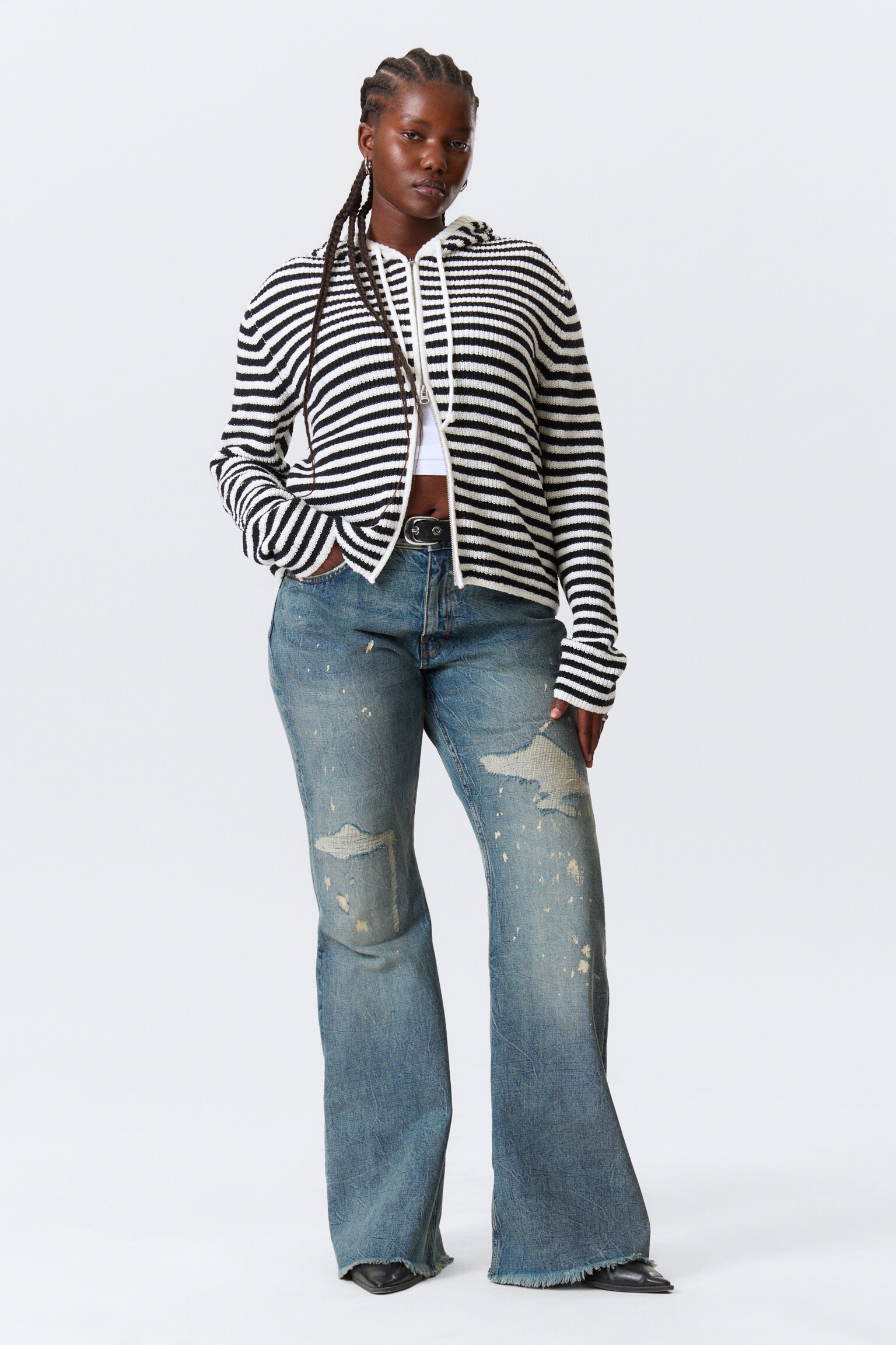 Dzianinowa bluza z kapturem w paski - Black & White Stripes/Striped Grey Melange - 3