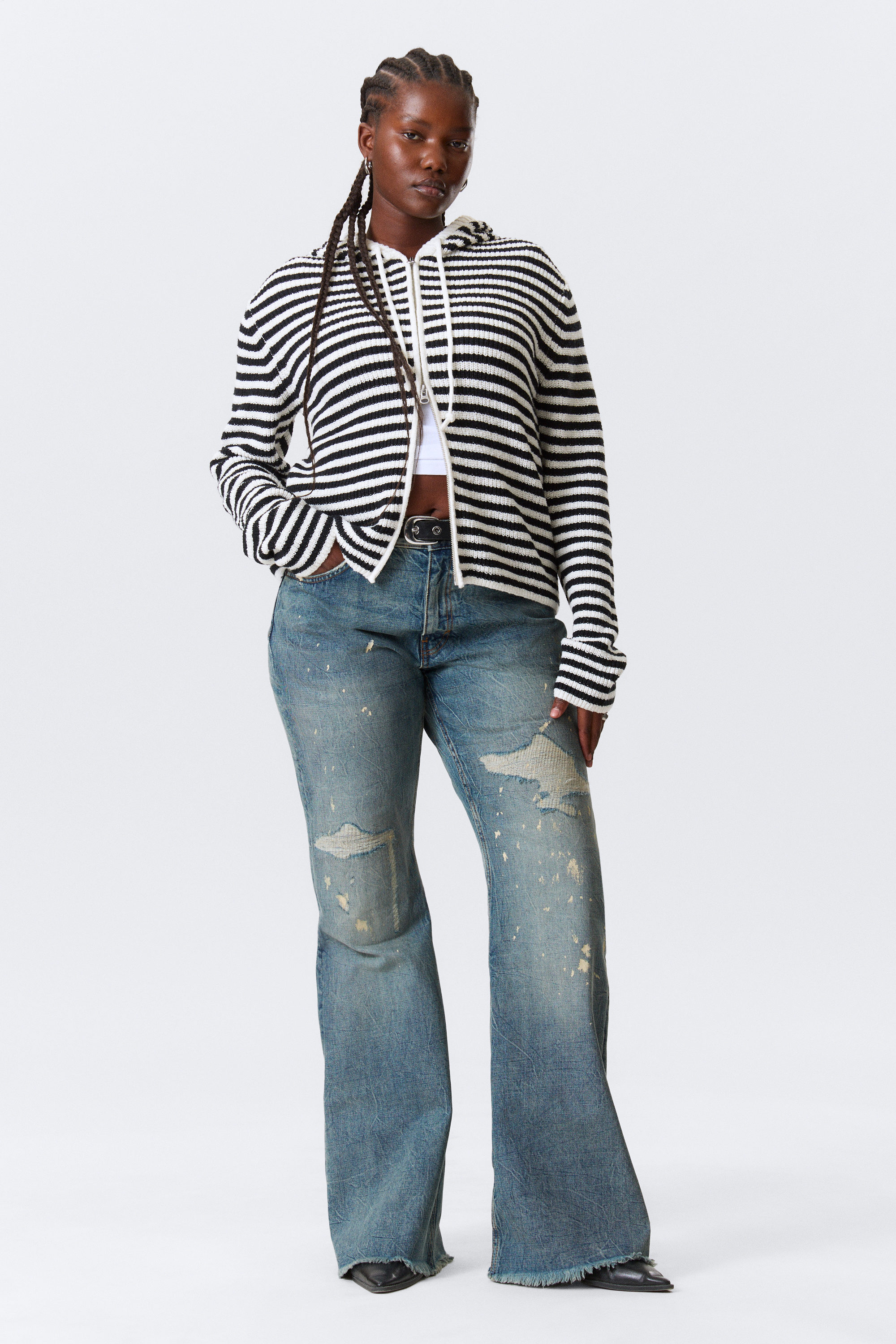 Black & White Stripes - Striped Knitted Slim Fit Zip Hoodie - 2