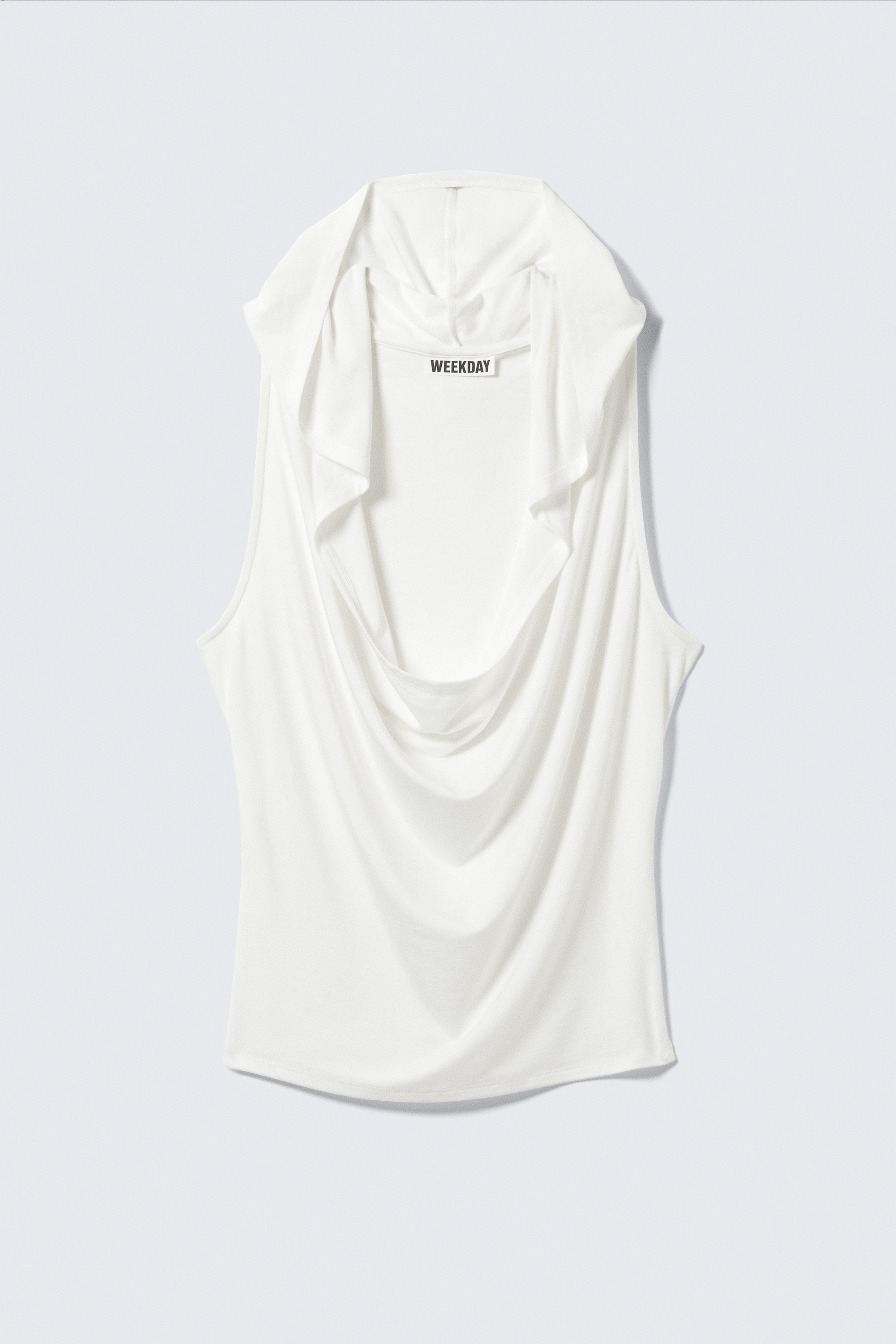 Top drapeado sem mangas e com capuz em liocel - Branco/Cinzento mesclado/Preto