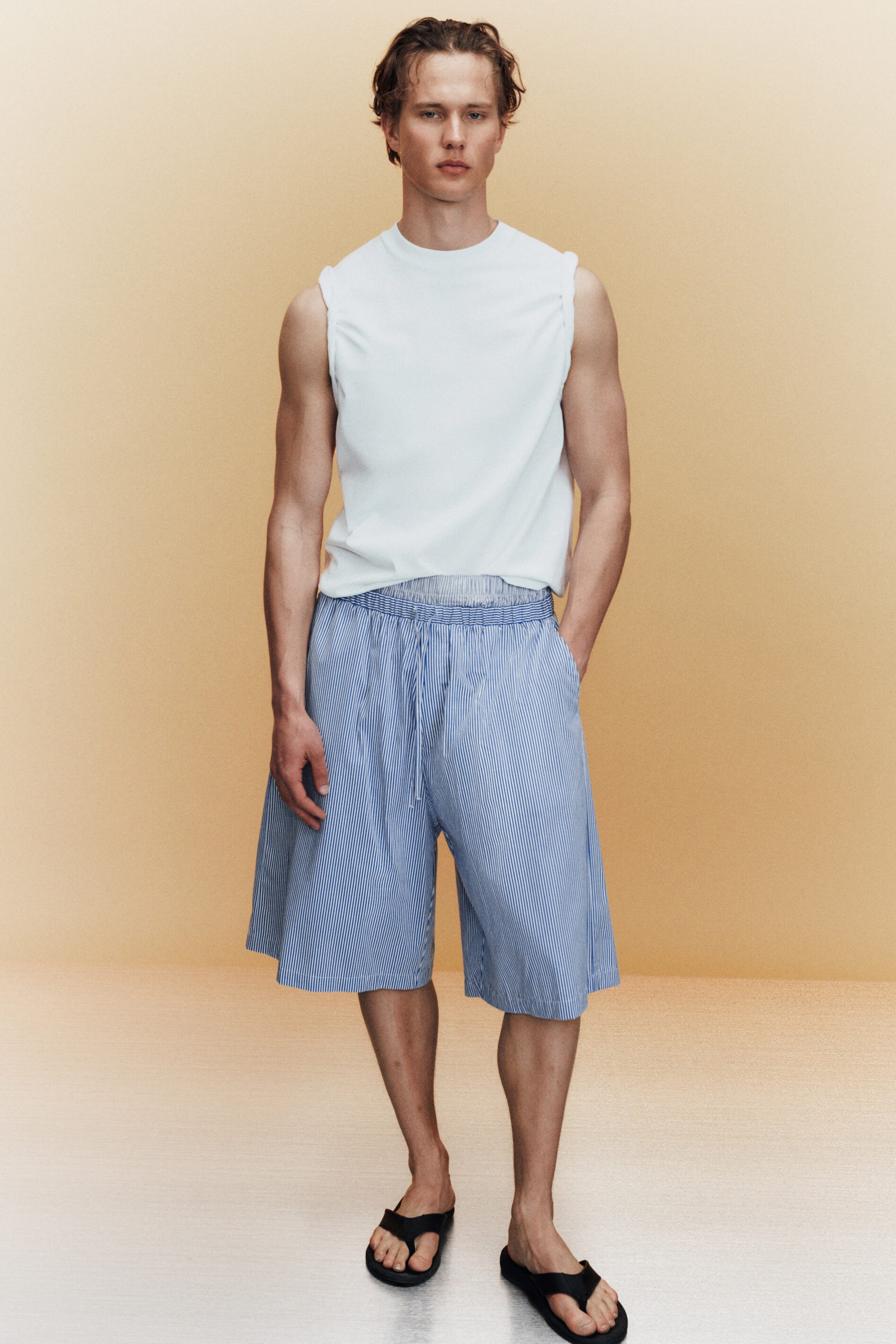 Striped Blue/White - Drawstring Knee-length cotton shorts - 1