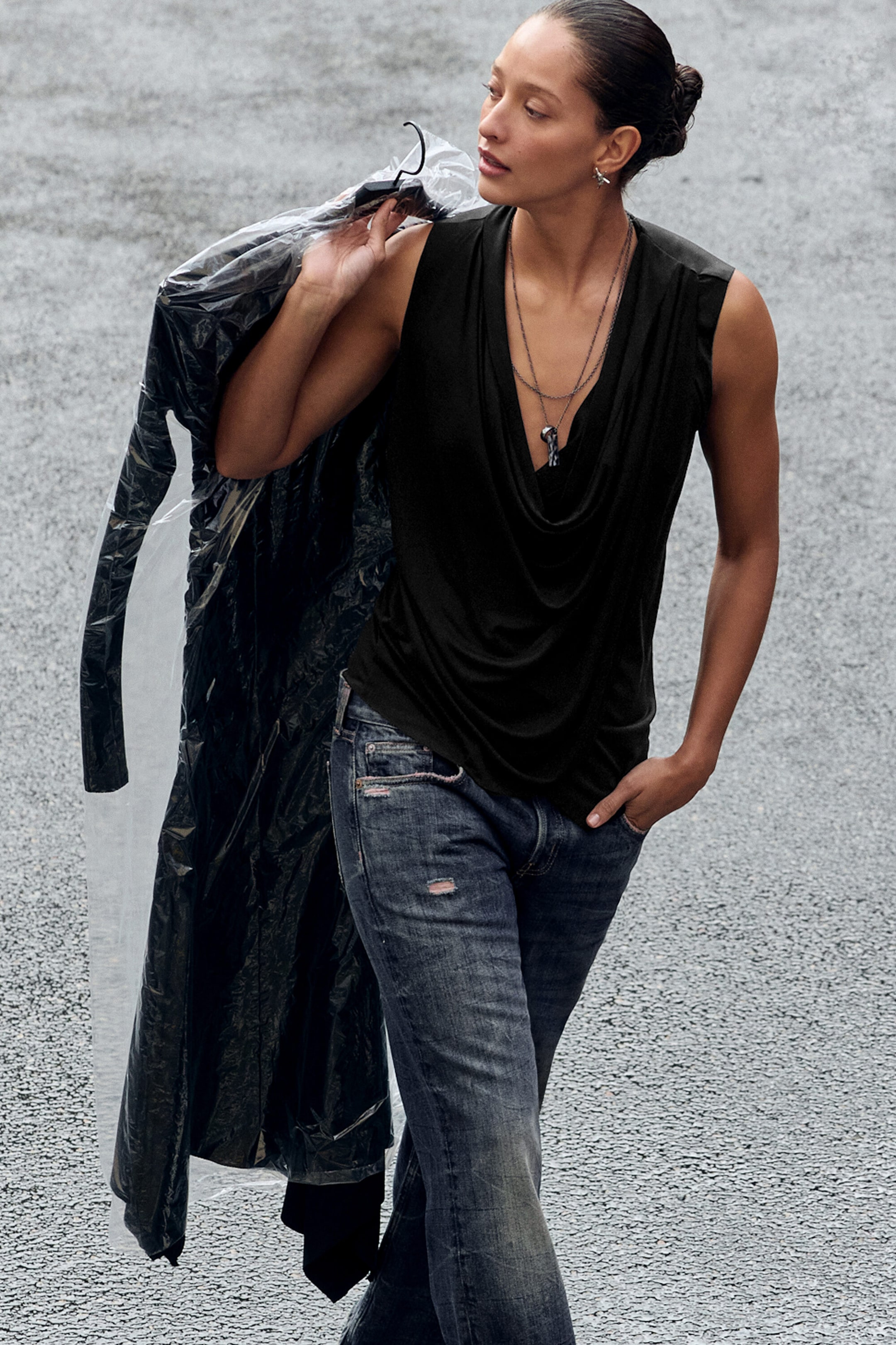 Black - Draped Cowl-Neck Sleeveless Top