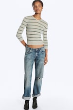 Gris clair rayé - Pull ajusté en maille à col en V - 1