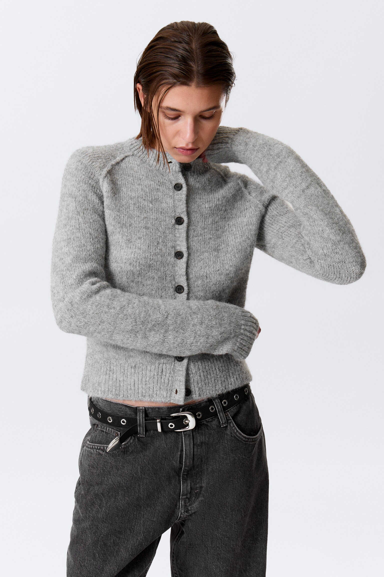 Cardigan ajusté doux en laine mélangée - Gris chiné/Taupe clair/Vert foncé - 3