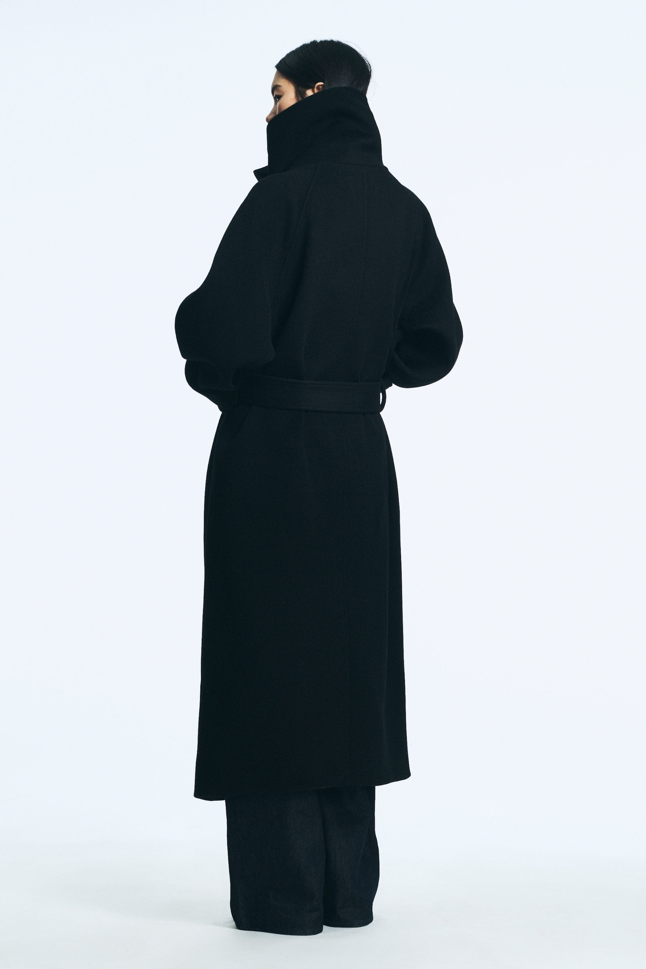 Noir - Manteau long en laine à col cheminée - 2