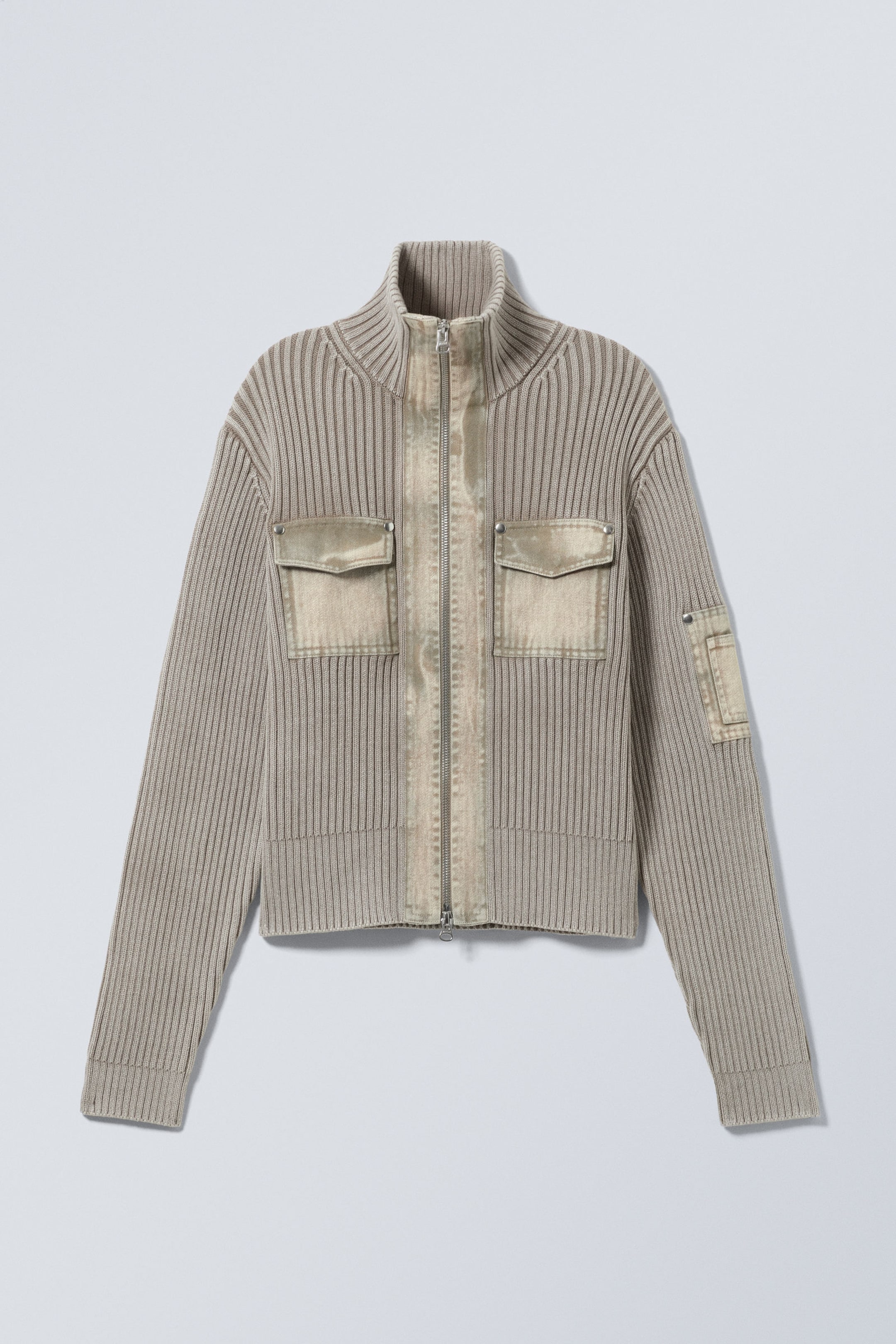 Washed Dusty Mole - Washed Rib-Knit Zip Cardigan - 0
