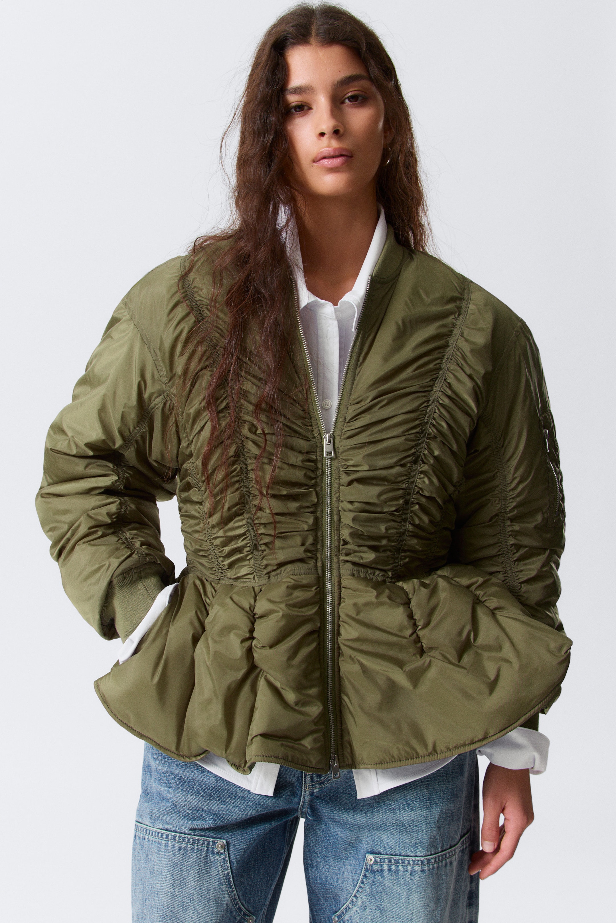 Khaki Green - Slim Ruched Peplum Bomber Jacket - 2
