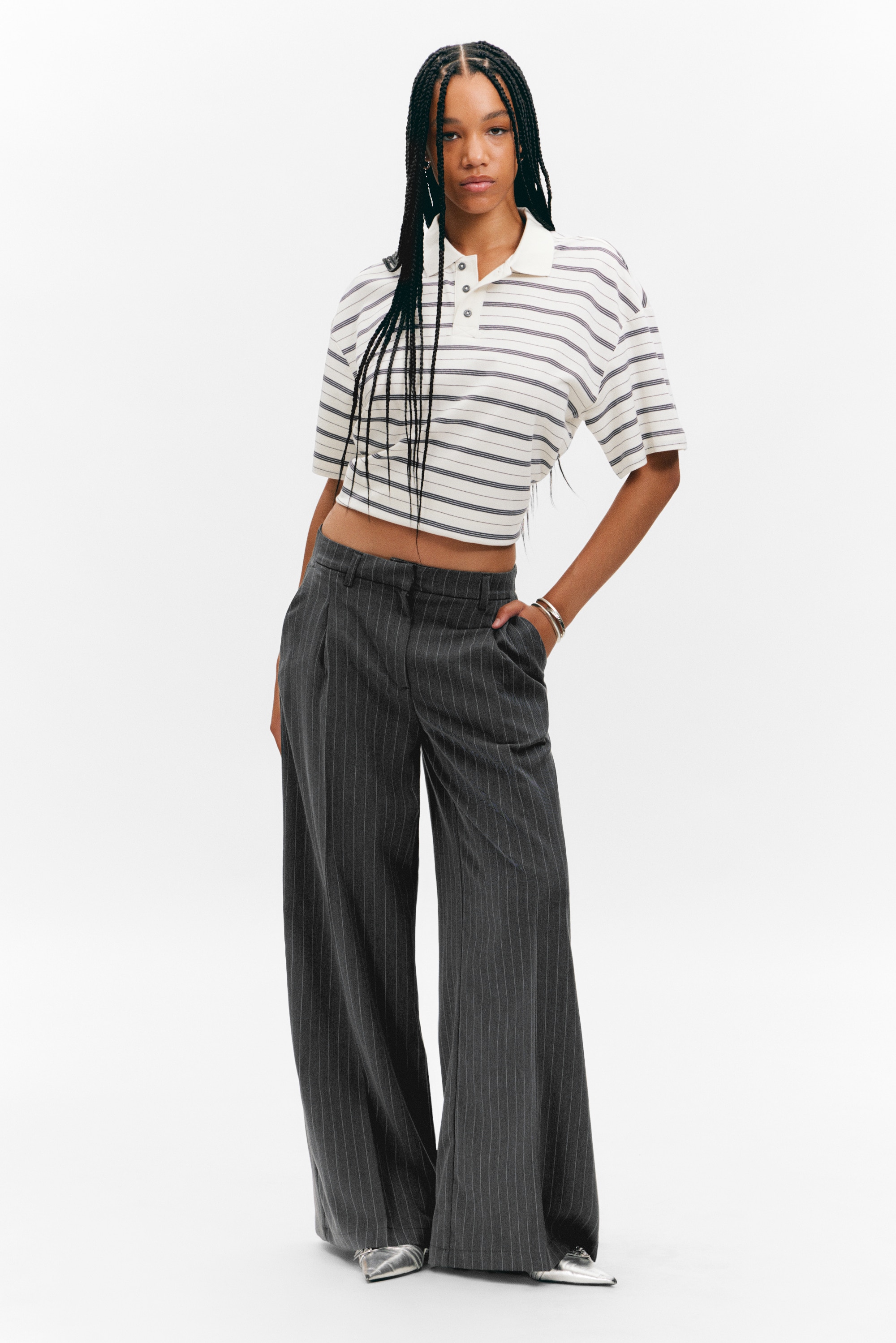 Kostuumpantalon met hoge taille en wijde pijpen - Krijtstreep donkergrijs/Zwart