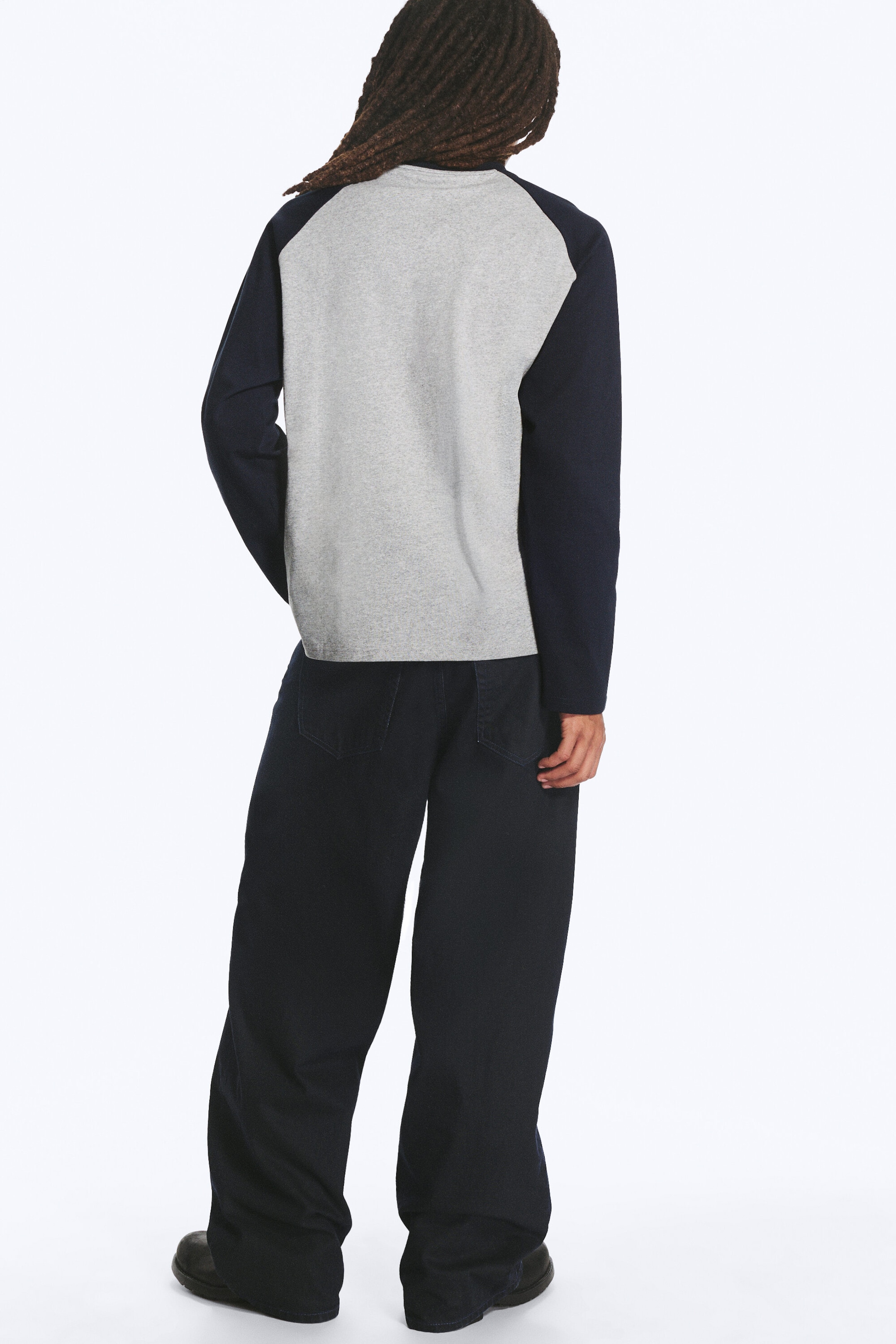 Light Grey Melange & Navy Blue - Loose Boxy Raglan-Sleeved T-shirt - 6