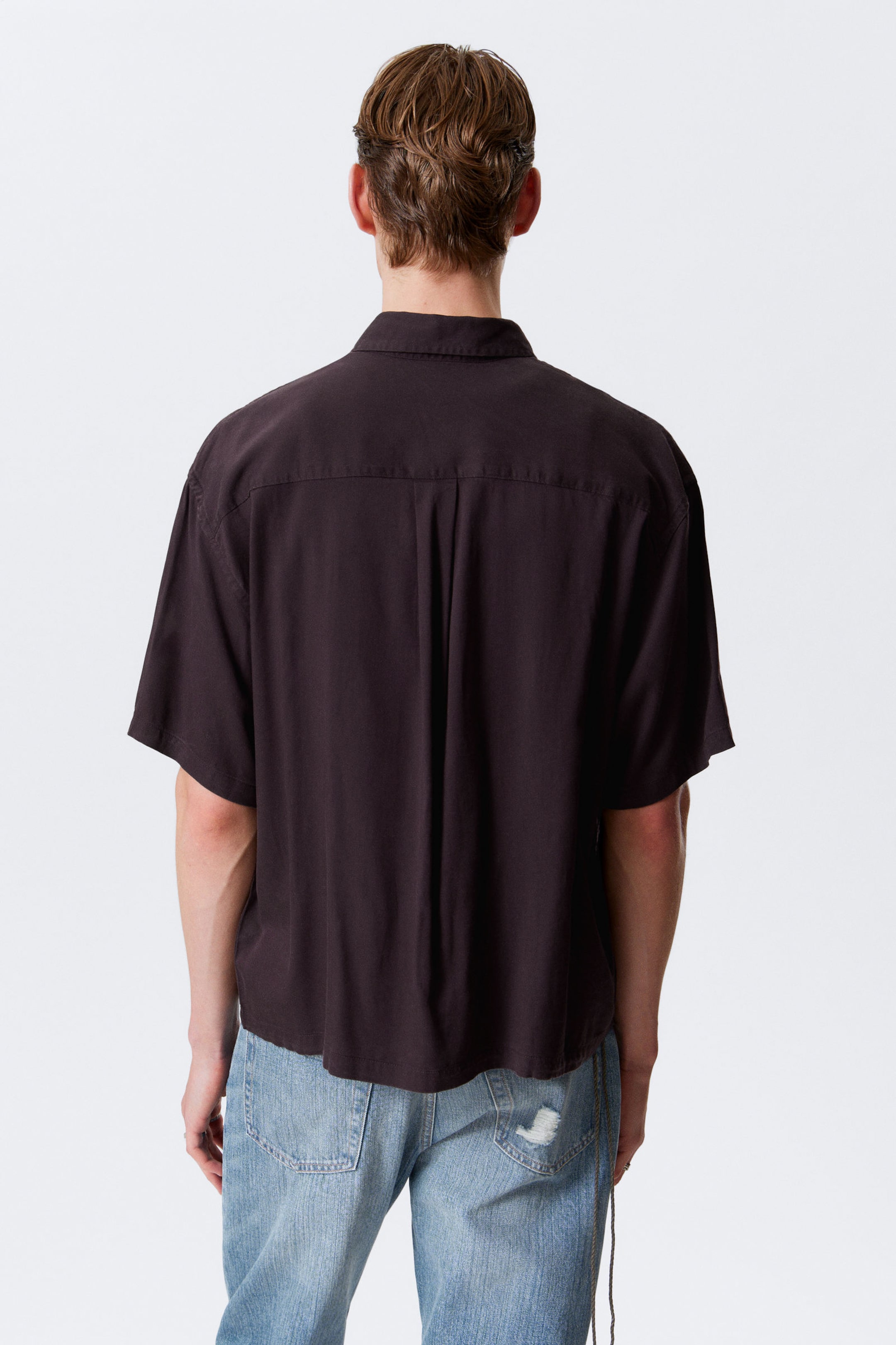 Dark Brown - Oversized Draped Boxy Short-Sleeved Shirt - 3