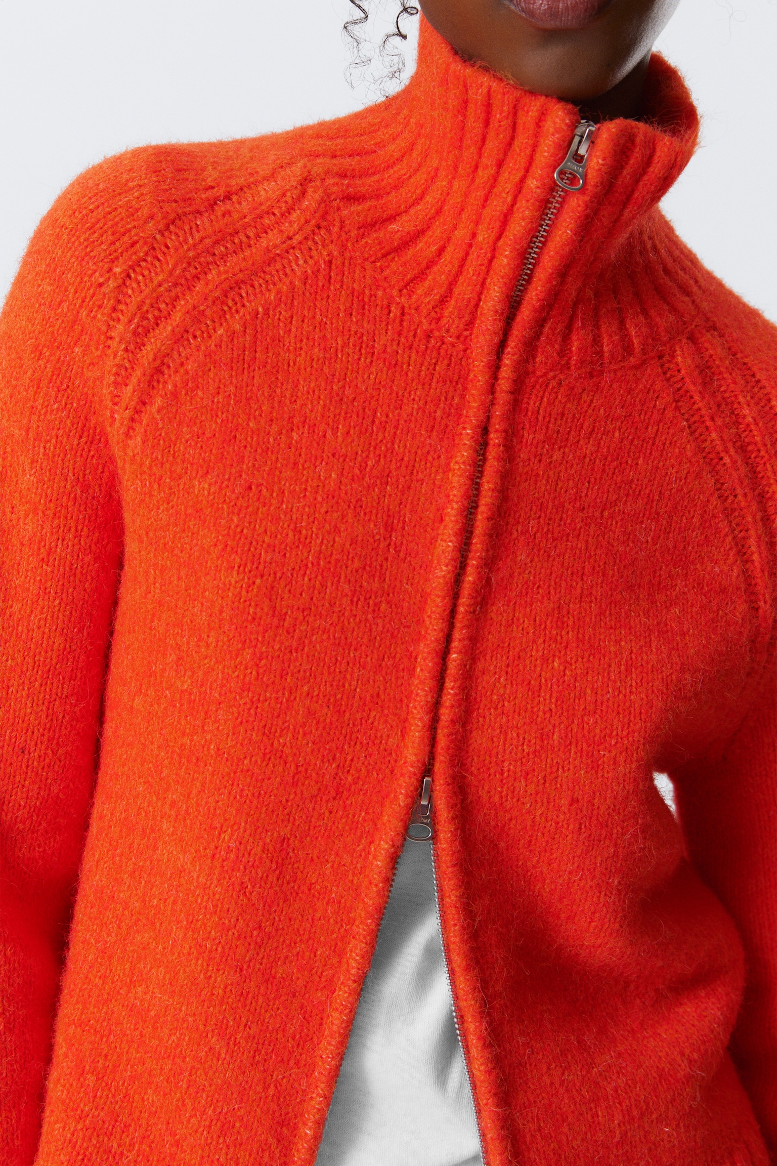 Soft Knitted Fitted Zip Cardigan - Bright Orange/Dark Mossy Green - 3