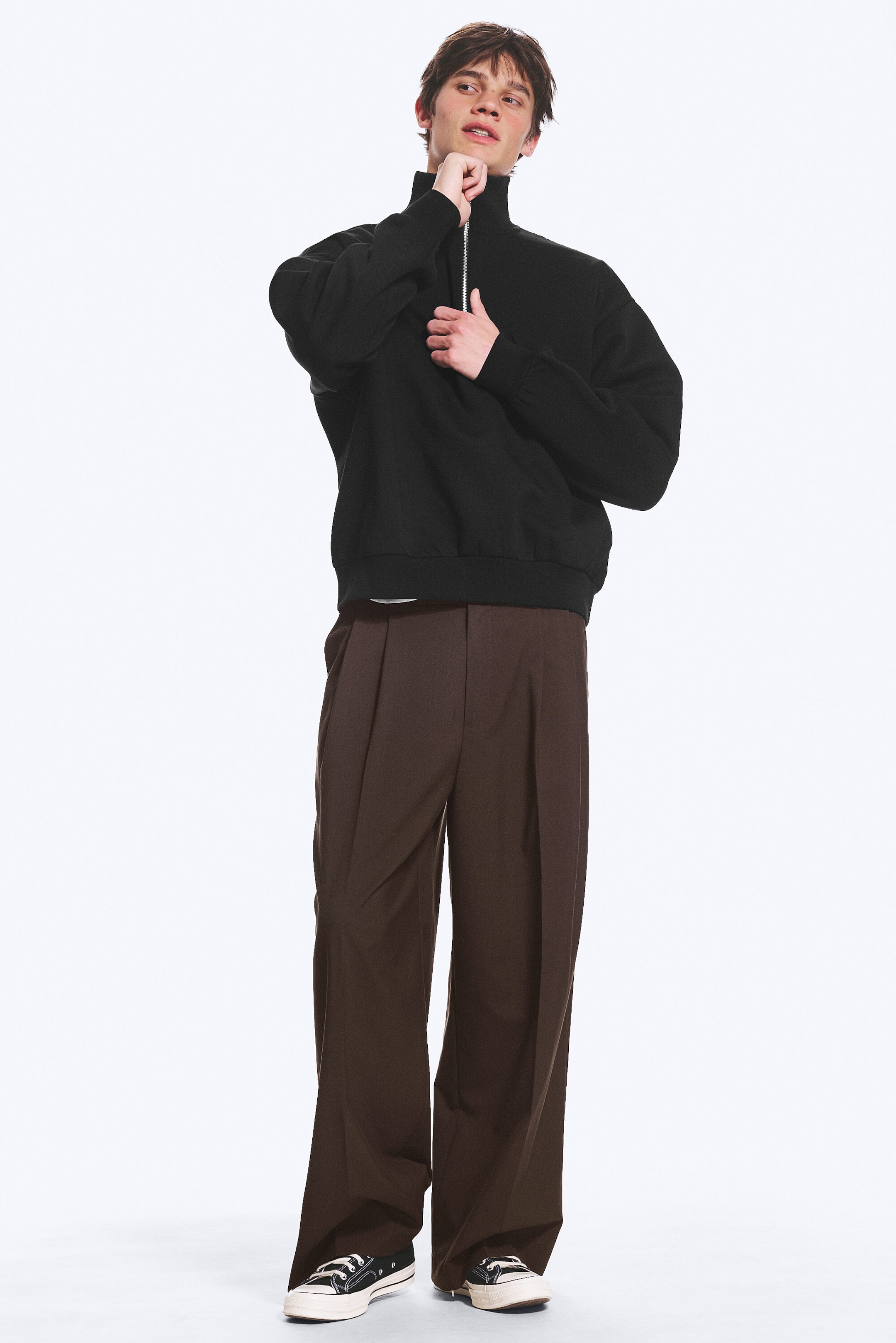 Black - Loose Fit Half-Zip Fleece Sweatshirt - 1
