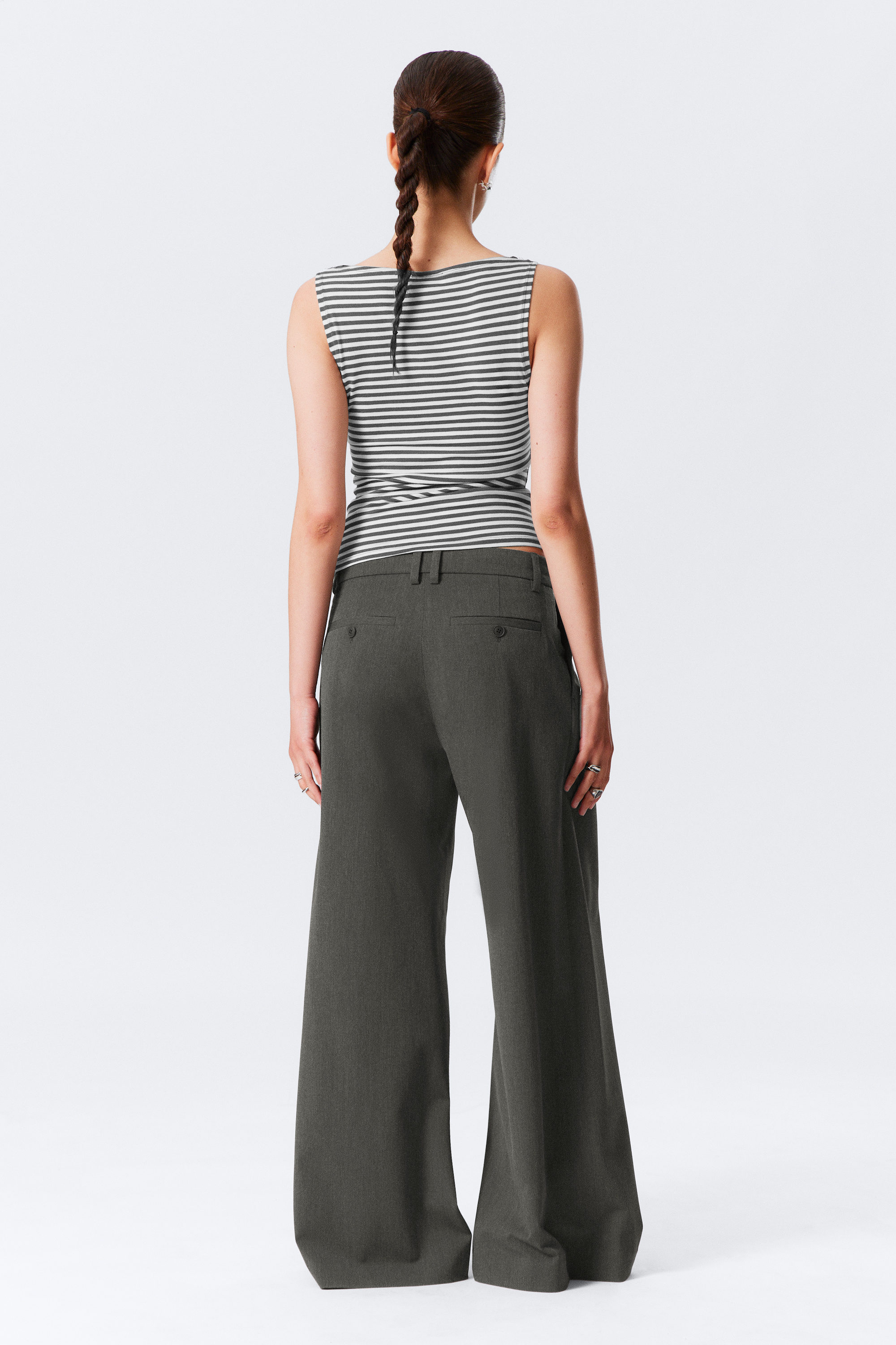 Dark Grey Melange - Low Rise Wide Leg Pleated Suiting Trousers - 3